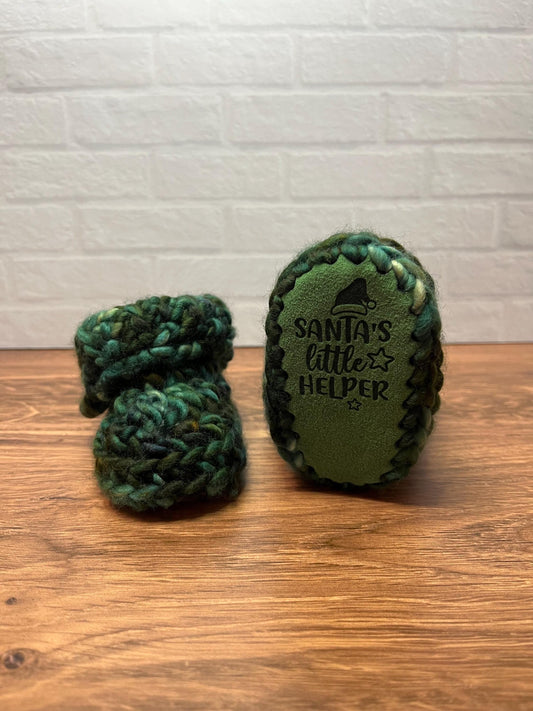 3-6 months - Luxury Green “Santa’s Little Helper” Merino Wool Crochet Baby Booties - Hand Crocheted Baby Booties with Hand Dyed Yarn