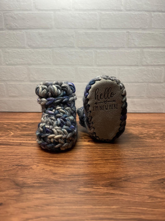 3-6 months - Luxury Sparkly Grey Blue “Hello I’m New Here” Merino Wool Crochet Baby Booties - Hand Crocheted Baby Booties w Hand Dyed Yarn