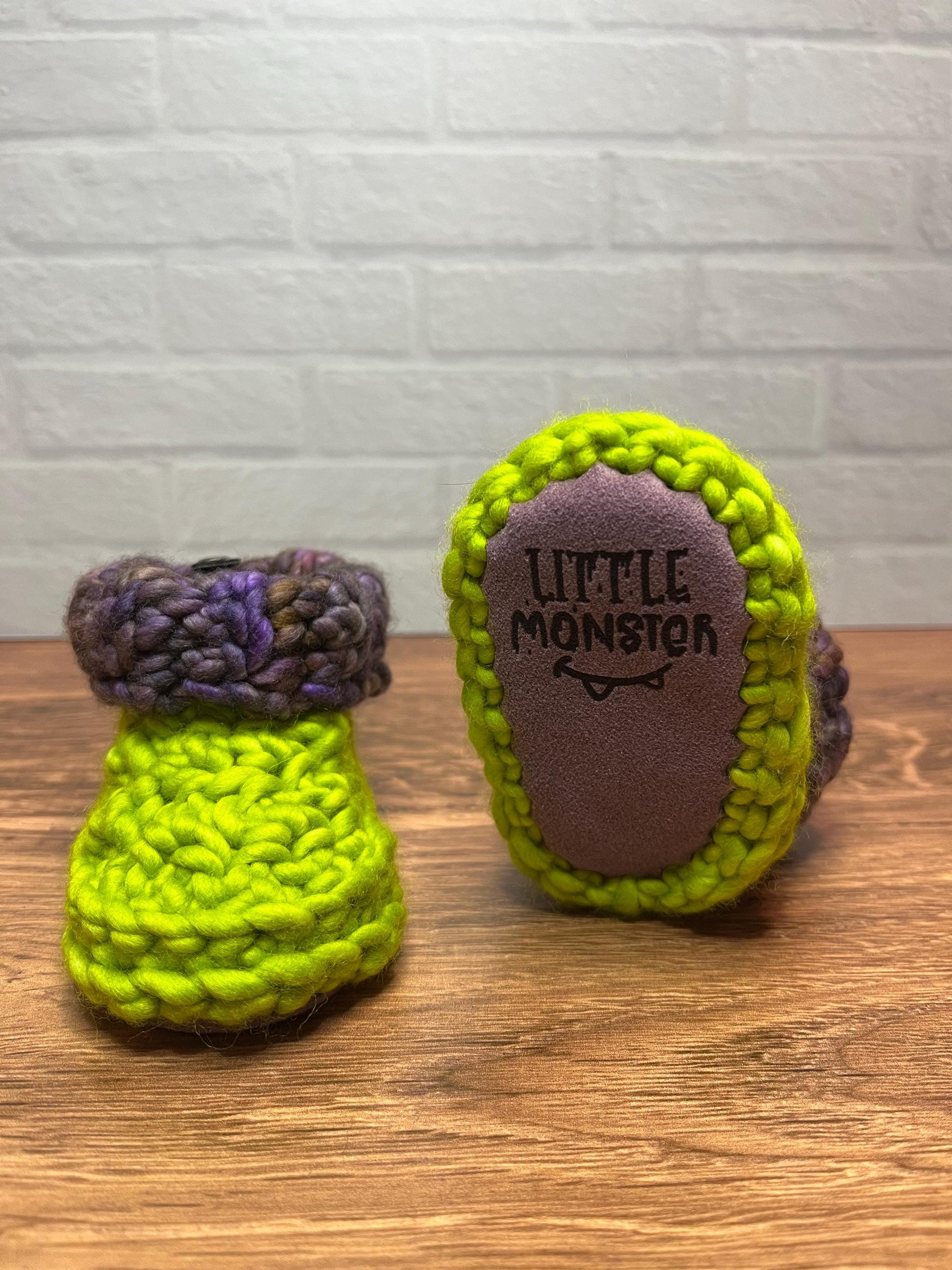 3-6 months - Luxury Green Purple “Little Monster” Merino Wool Crochet Baby Booties - Hand Crocheted Baby Booties with Hand Dyed Yarn
