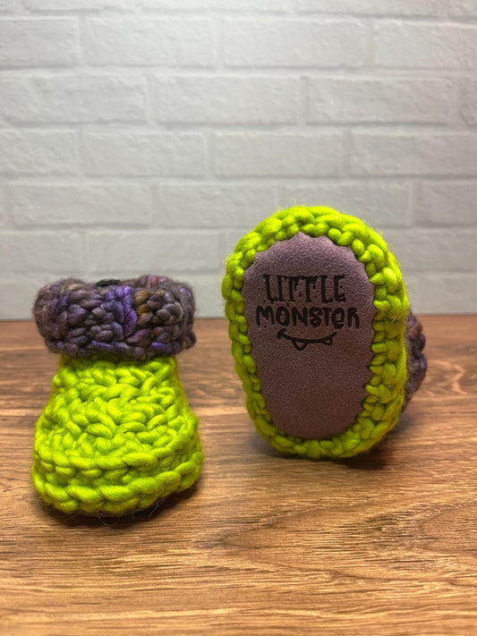 3-6 months - Luxury Green Purple “Little Monster” Merino Wool Crochet Baby Booties - Hand Crocheted Baby Booties with Hand Dyed Yarn