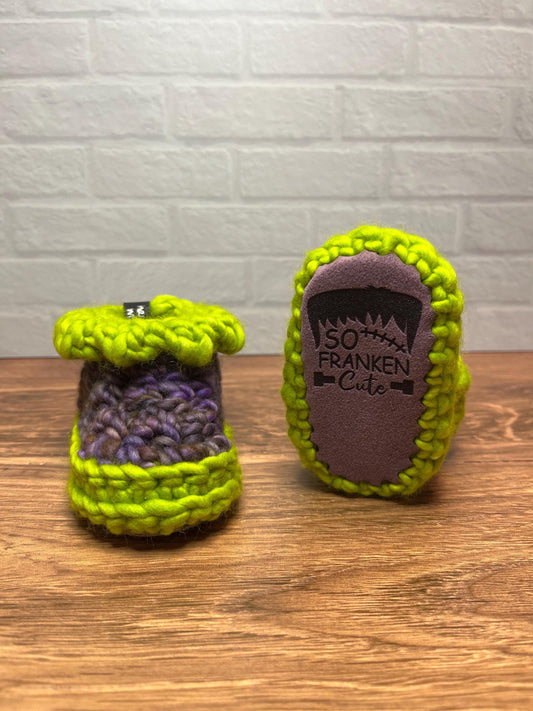 3-6 months - Luxury Green Purple “So Franken Cute” Merino Wool Crochet Baby Booties - Hand Crocheted Baby Booties with Hand Dyed Yarn