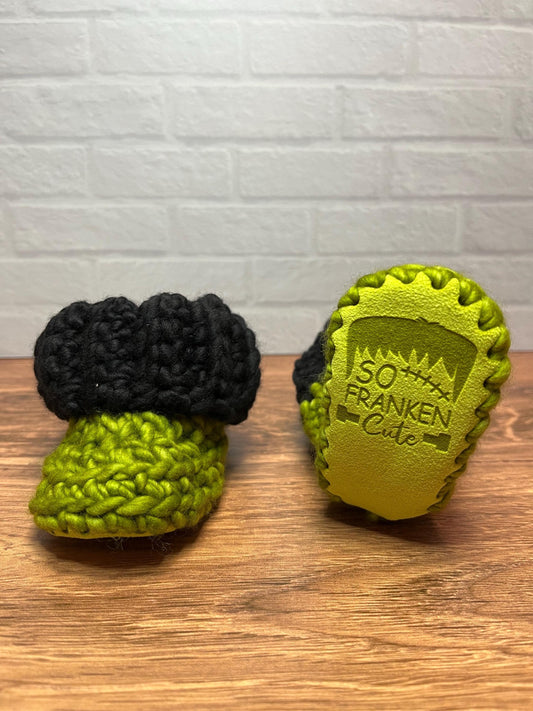 3-6 months - Luxury Green Black “So Franken Cute” Merino Wool Crochet Baby Booties - Hand Crocheted Baby Booties with Hand Dyed Yarn