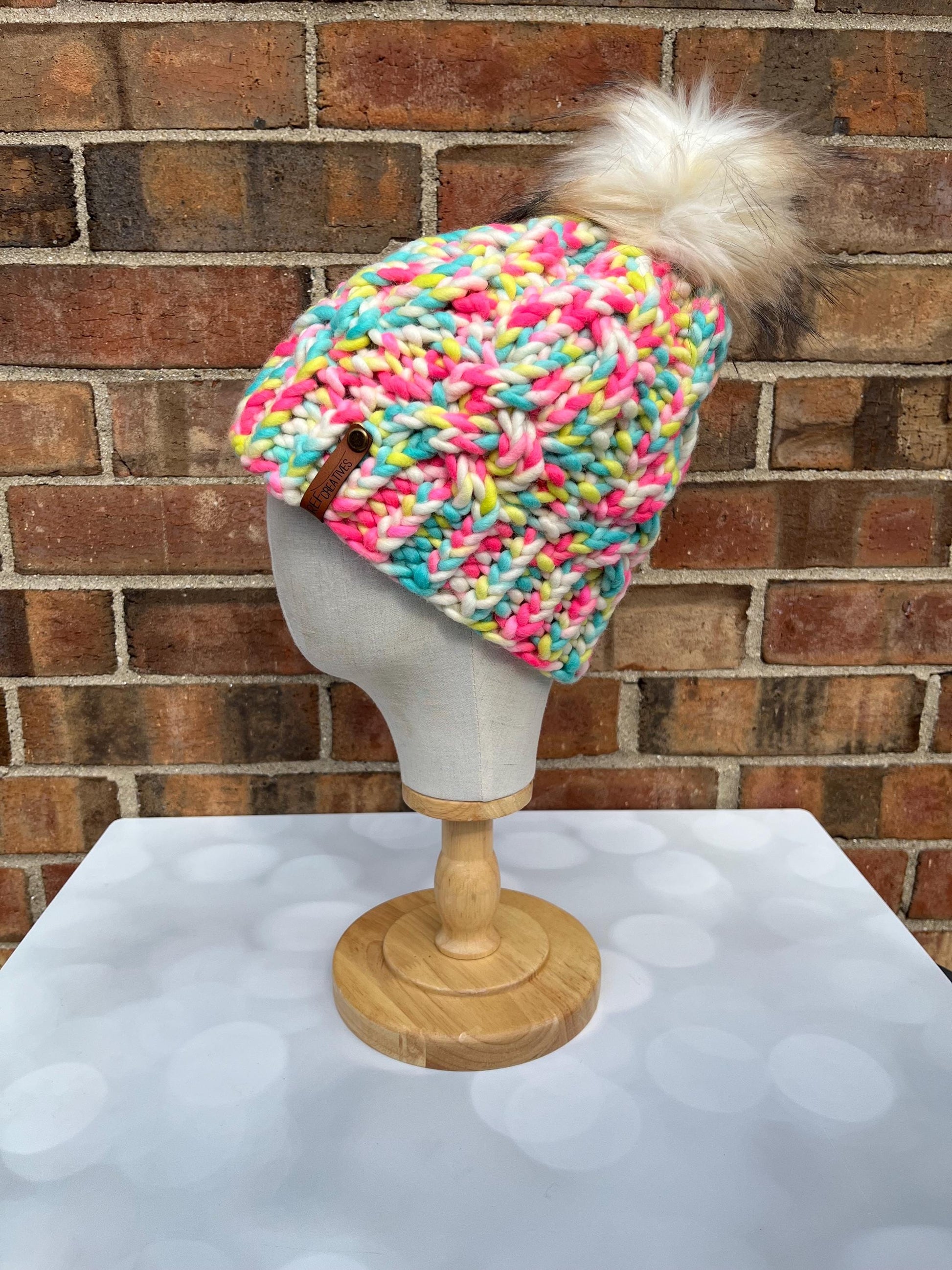 Neon Twist Hand Knit Hat