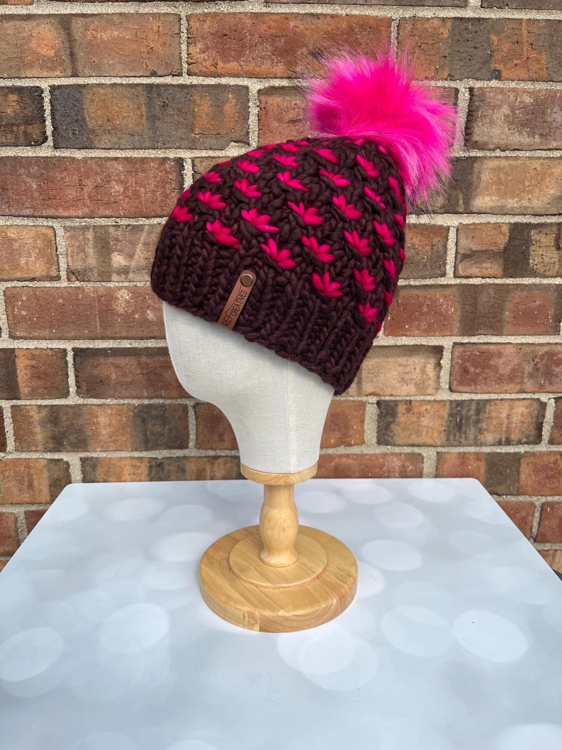 Luxury Brown Merino Wool Knit Hat - Brown and Pink Lotus Flower Beanie Hand Knit Hat with Hand Dyed Yarn