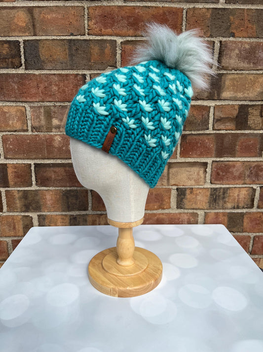 Luxury Teal Merino Wool Knit Hat - Teal and Mint Lotus Flower Beanie Hand Knit Hat with Hand Dyed Yarn