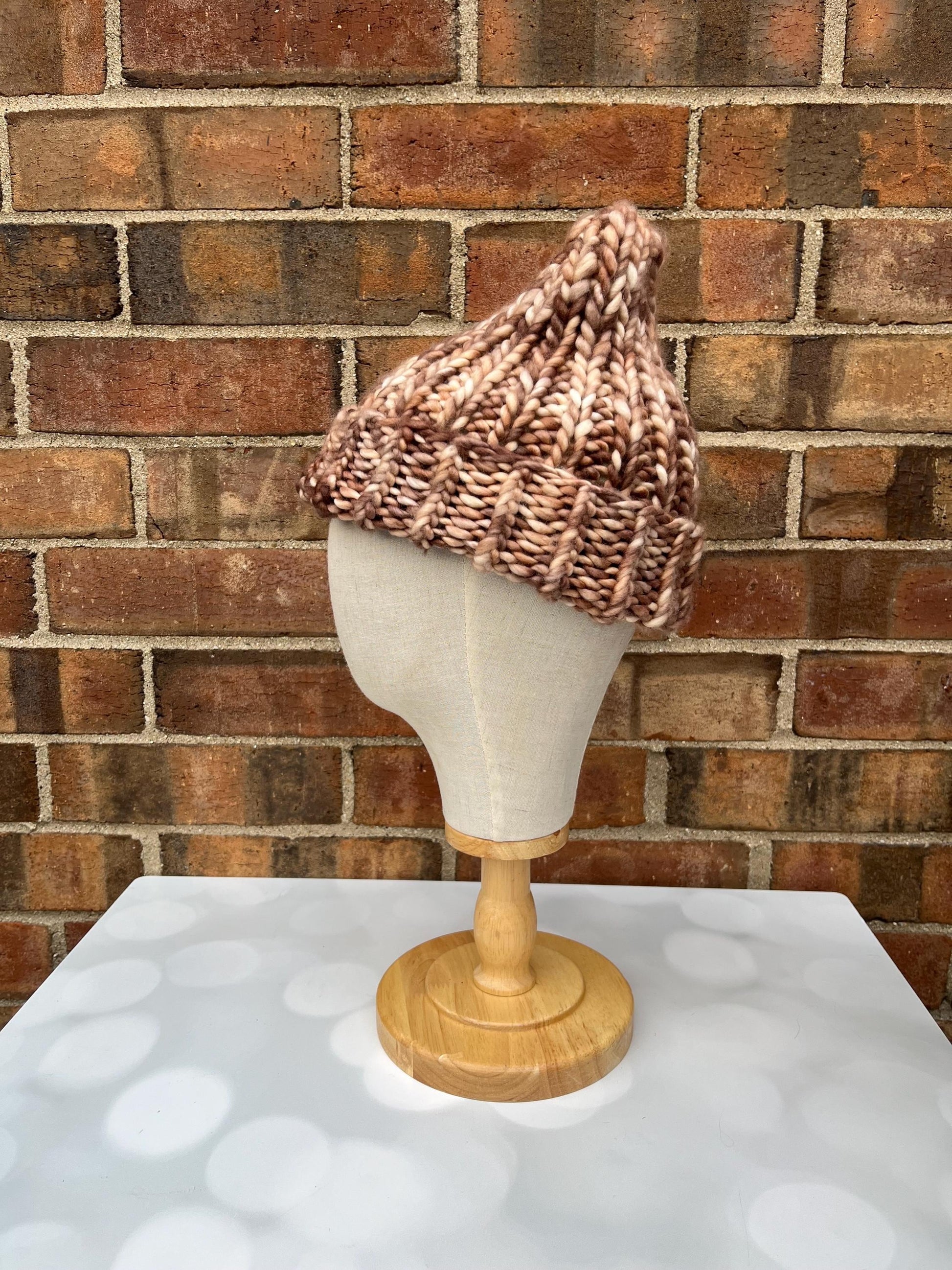 Luxury Brown Merino Wool Knit Hat - Wildwood Folded Brim Beanie Hand Knit Hat with Hand Dyed Yarn