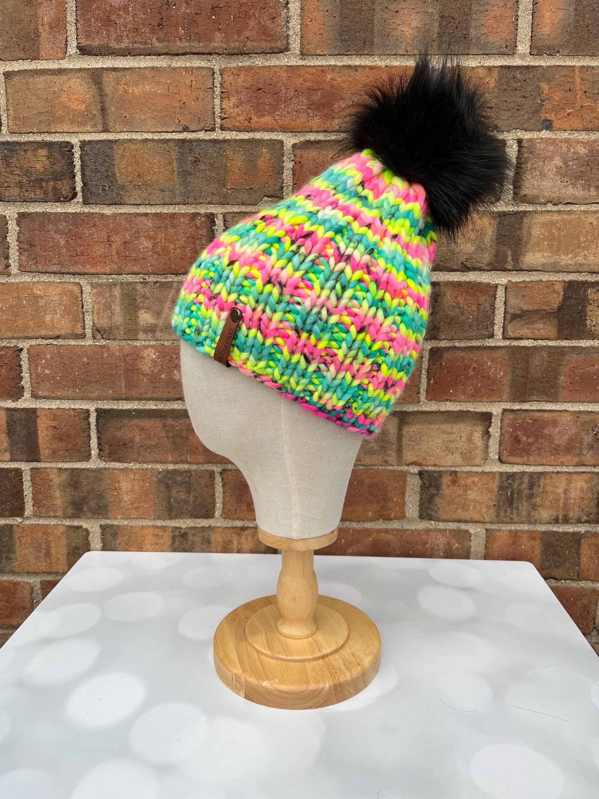 Luxury Neon Merino Wool Knit Hat - Boombox Neon Beanie Hand Knit Hat with Hand Dyed Yarn