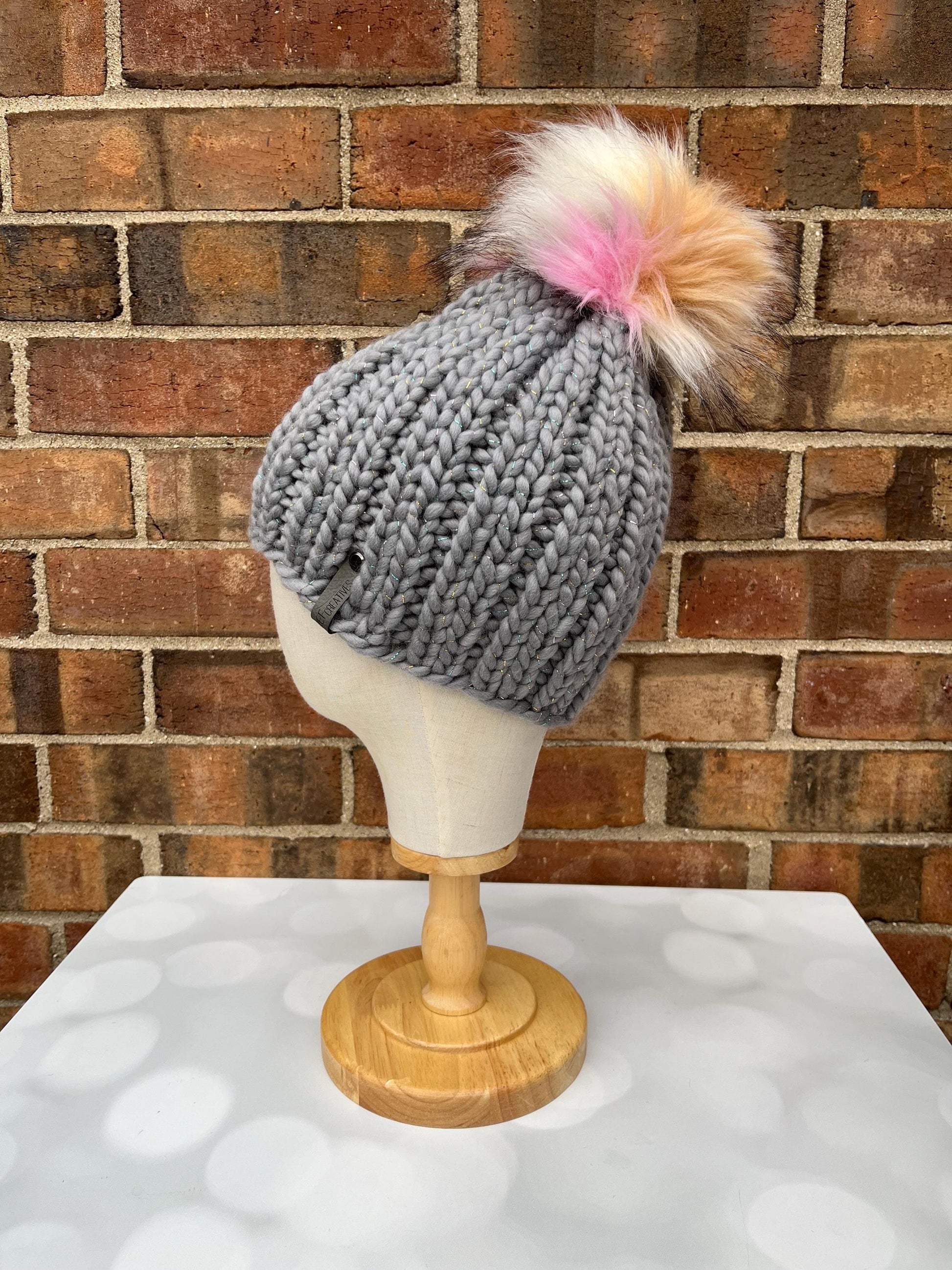 Grey Knit Hat - Grey and Metallics Beanie Hand Knit Hat with Hand Painted Yarn