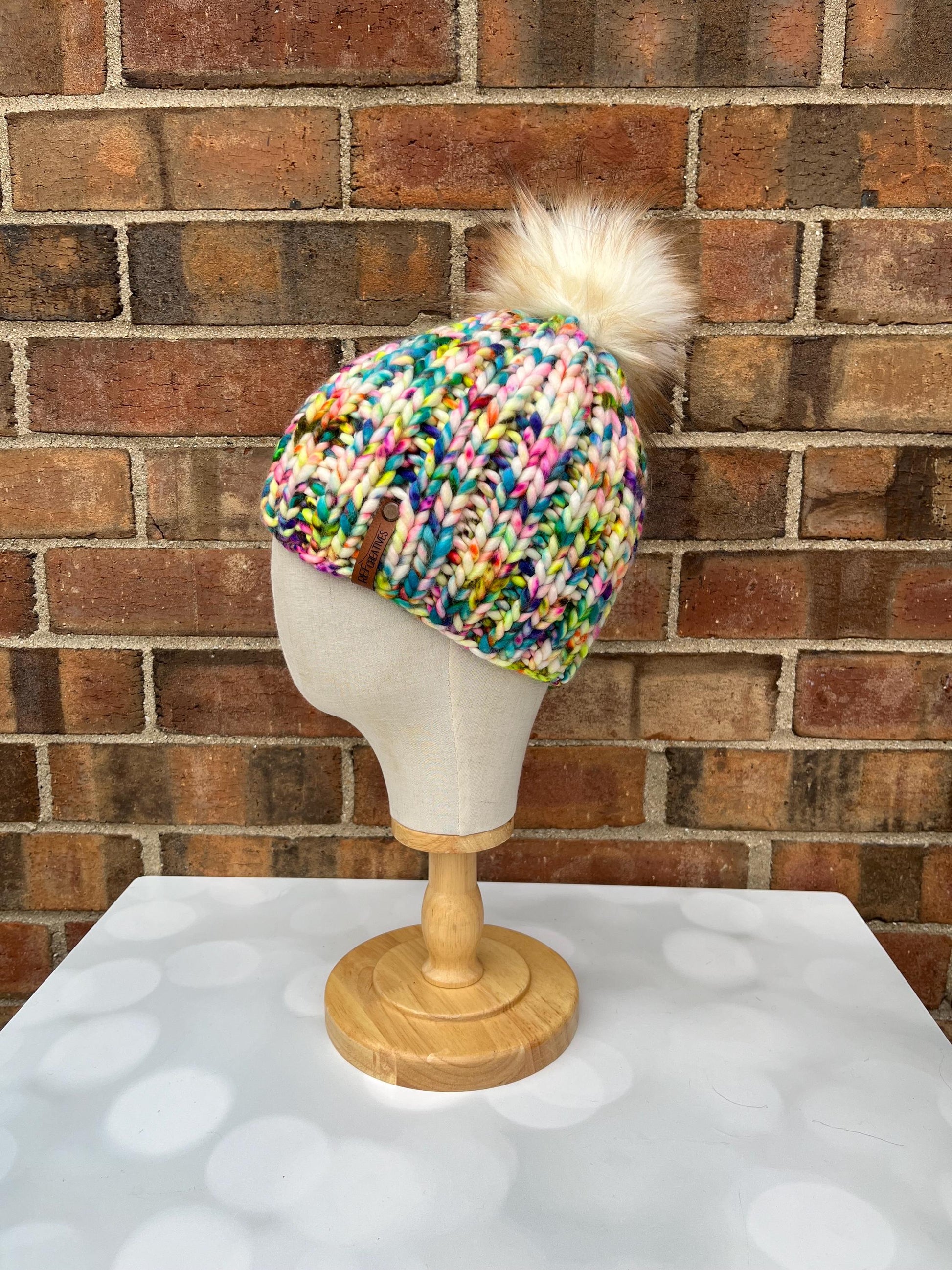 Luxury Rainbow Speckle Merino Wool Ribbed Knit Hat - White Teal Pink Yellow Classic Beanie Hand Knit Hat with Hand Dyed Yarn