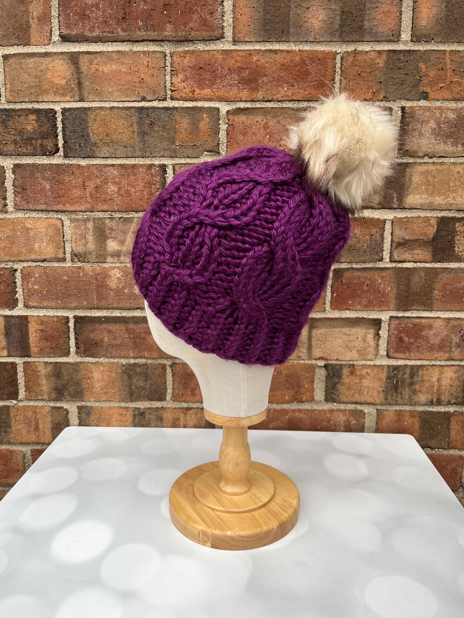Purple Knit Hat - Cabled Hand Knit Hat