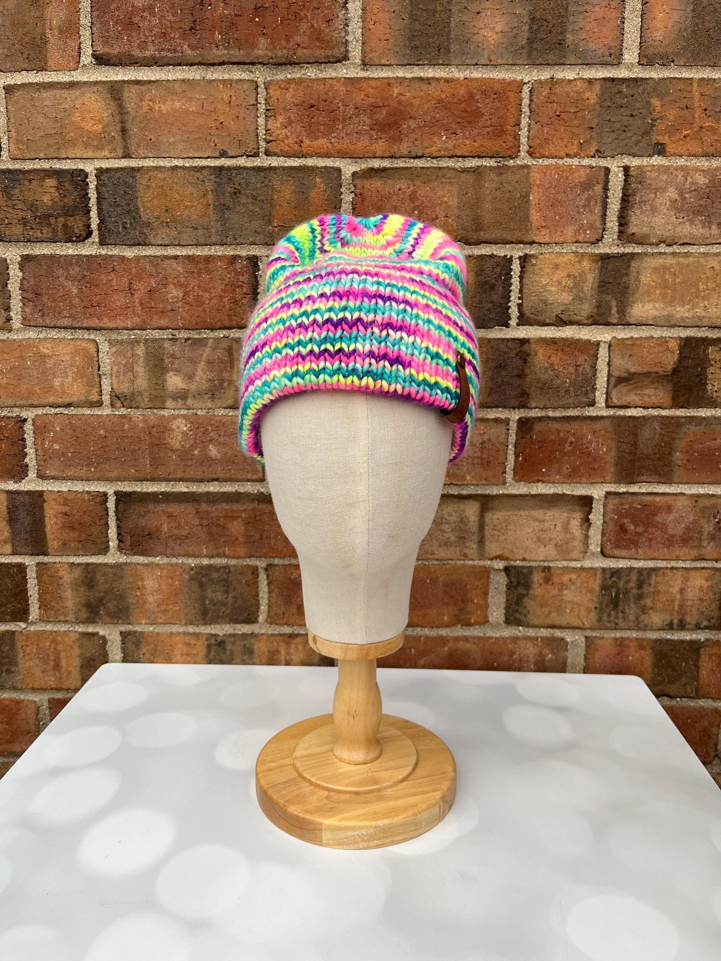 Luxury Rainbow Double Brim Merino Wool Beanie - Neon Striped Hand Knit Hat with Hand Dyed Yarn