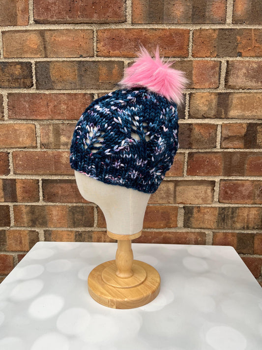 Luxury Navy Merino Wool Knit Hat - Acadian Autumn Leaves Hand Knit Hat with Hand Dyed Yarn