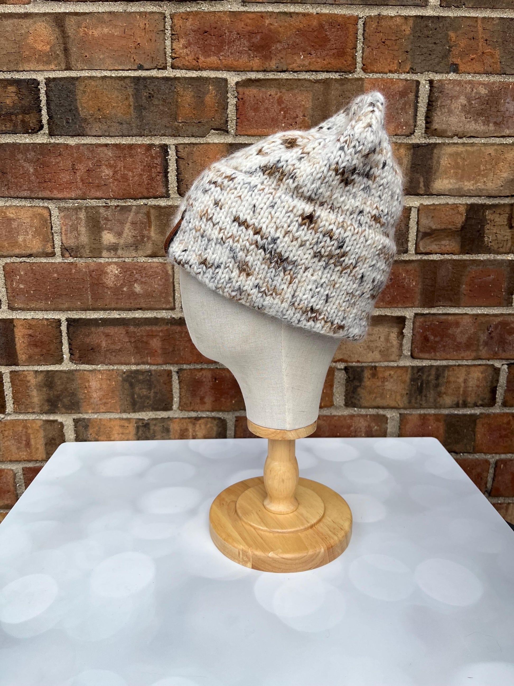 Luxury Neutral Double Brim Merino Wool Beanie - Fuzzy Brown Black Speckled Hand Knit Hat with Hand Dyed Yarn