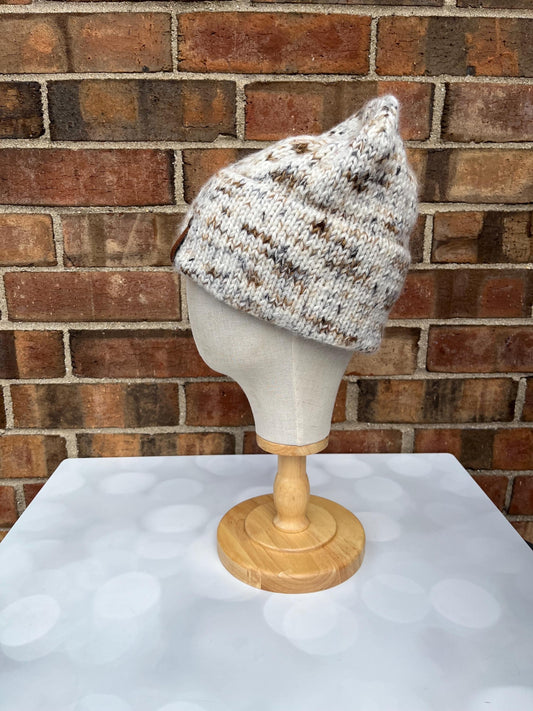 Luxury Neutral Double Brim Merino Wool Beanie - Fuzzy Brown Black Speckled Hand Knit Hat with Hand Dyed Yarn