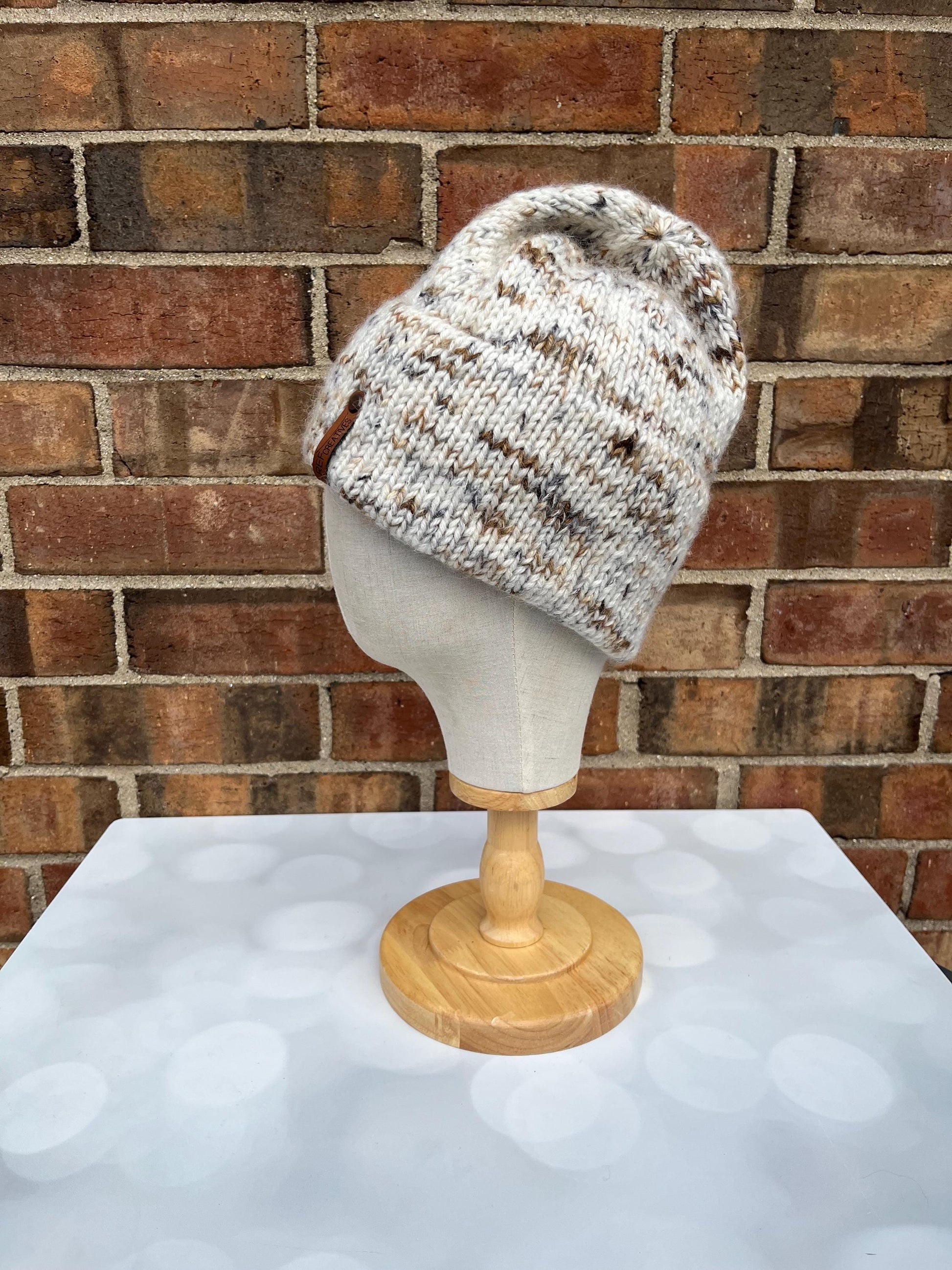 Luxury Neutral Double Brim Merino Wool Beanie - Fuzzy Brown Black Speckled Hand Knit Hat with Hand Dyed Yarn