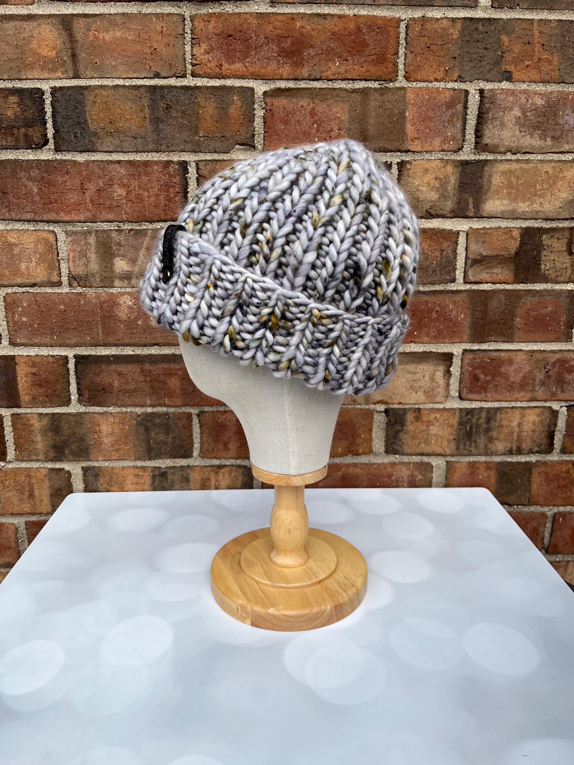 Luxury Grey Merino Wool Knit Hat - Wildwood Folded Brim Beanie Hand Knit Hat with Hand Dyed Yarn