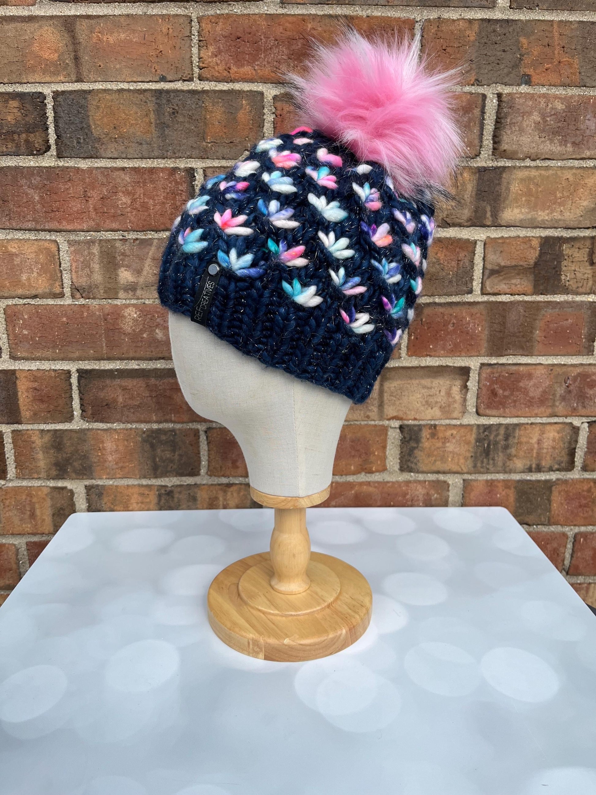 Luxury Blue Sparkle Merino Wool Knit Hat - Navy Pink Glitter Lotus Flower Beanie Hand Knit Hat with Hand Dyed Yarn