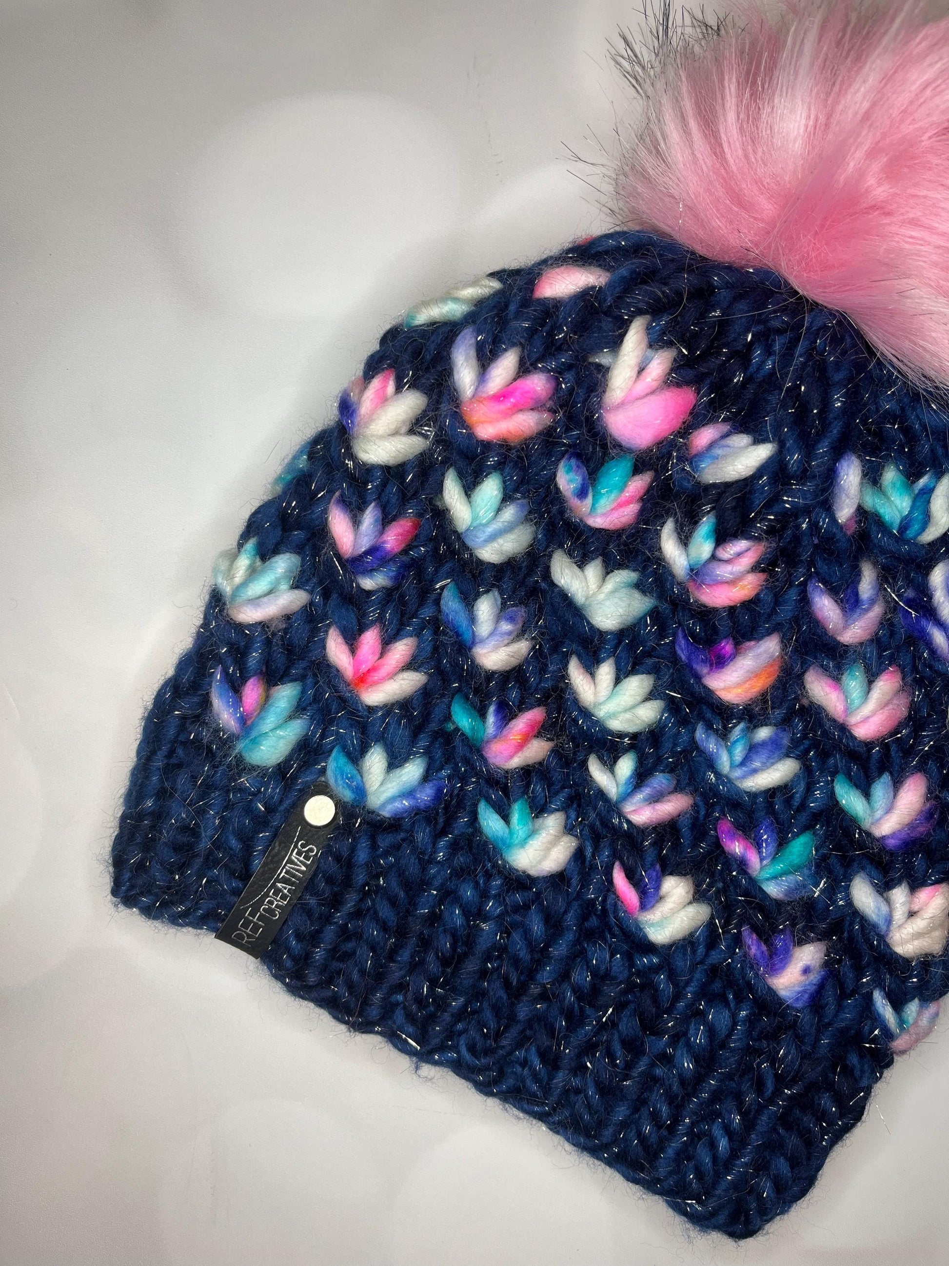 Luxury Blue Sparkle Merino Wool Knit Hat - Navy Pink Glitter Lotus Flower Beanie Hand Knit Hat with Hand Dyed Yarn