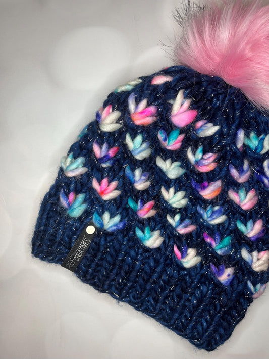 Luxury Blue Sparkle Merino Wool Knit Hat - Navy Pink Glitter Lotus Flower Beanie Hand Knit Hat with Hand Dyed Yarn