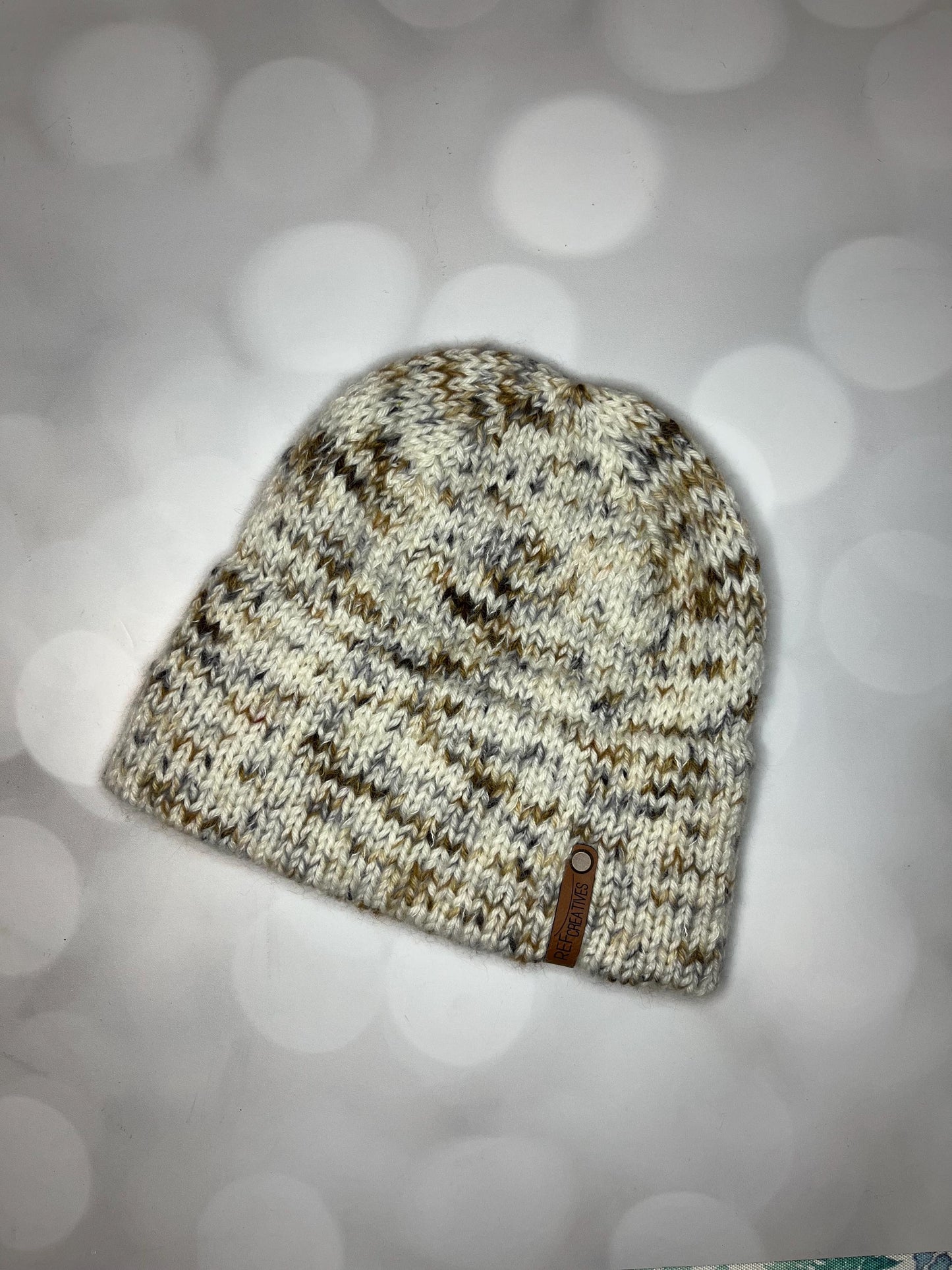 Luxury Neutral Double Brim Merino Wool Beanie - Fuzzy Brown Black Speckled Hand Knit Hat with Hand Dyed Yarn