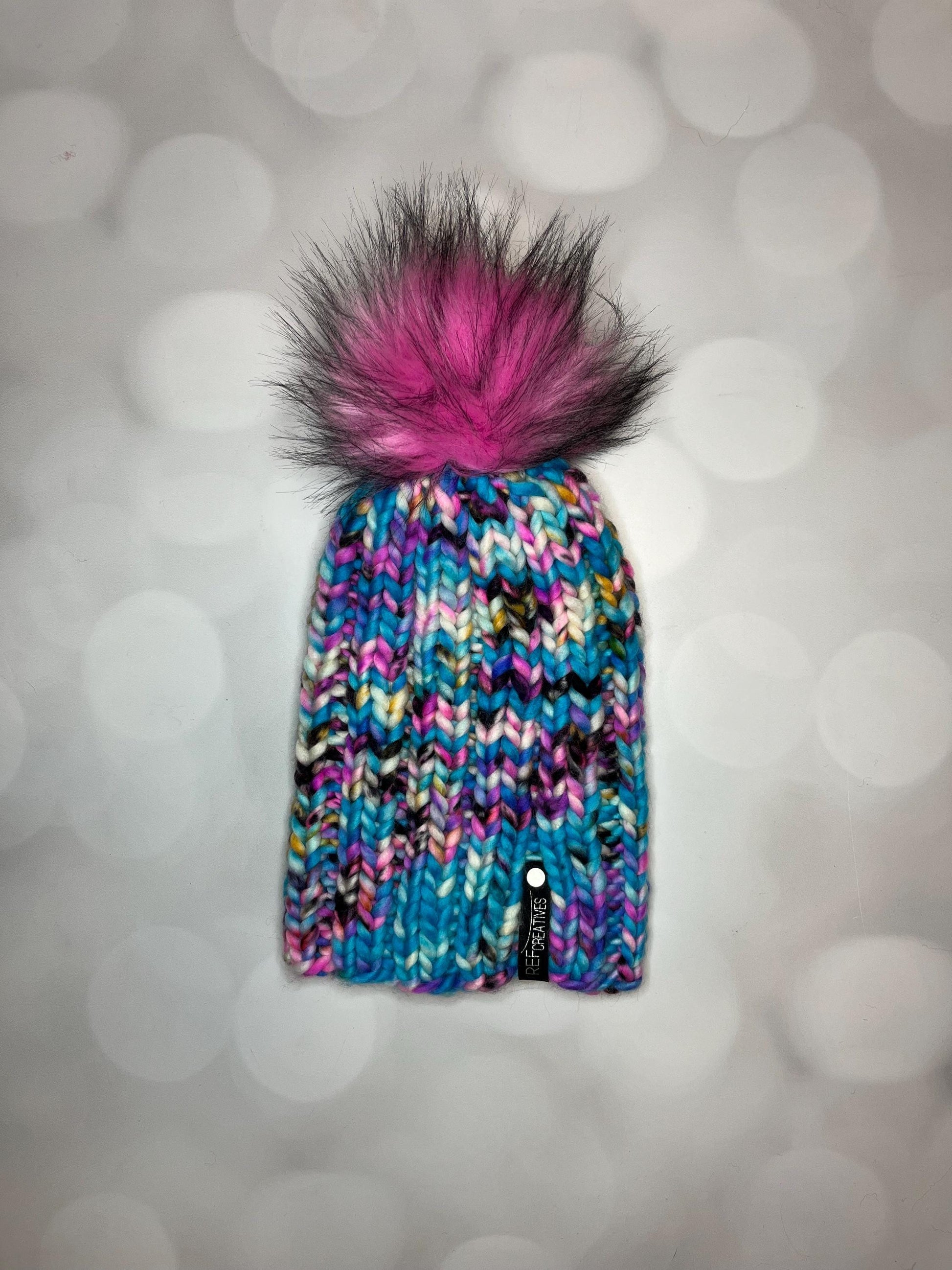 Luxury Blue Pink Merino Wool Knit Hat - Lollipop Swirl Classic Beanie Hand Knit Hat with Hand Dyed Yarn