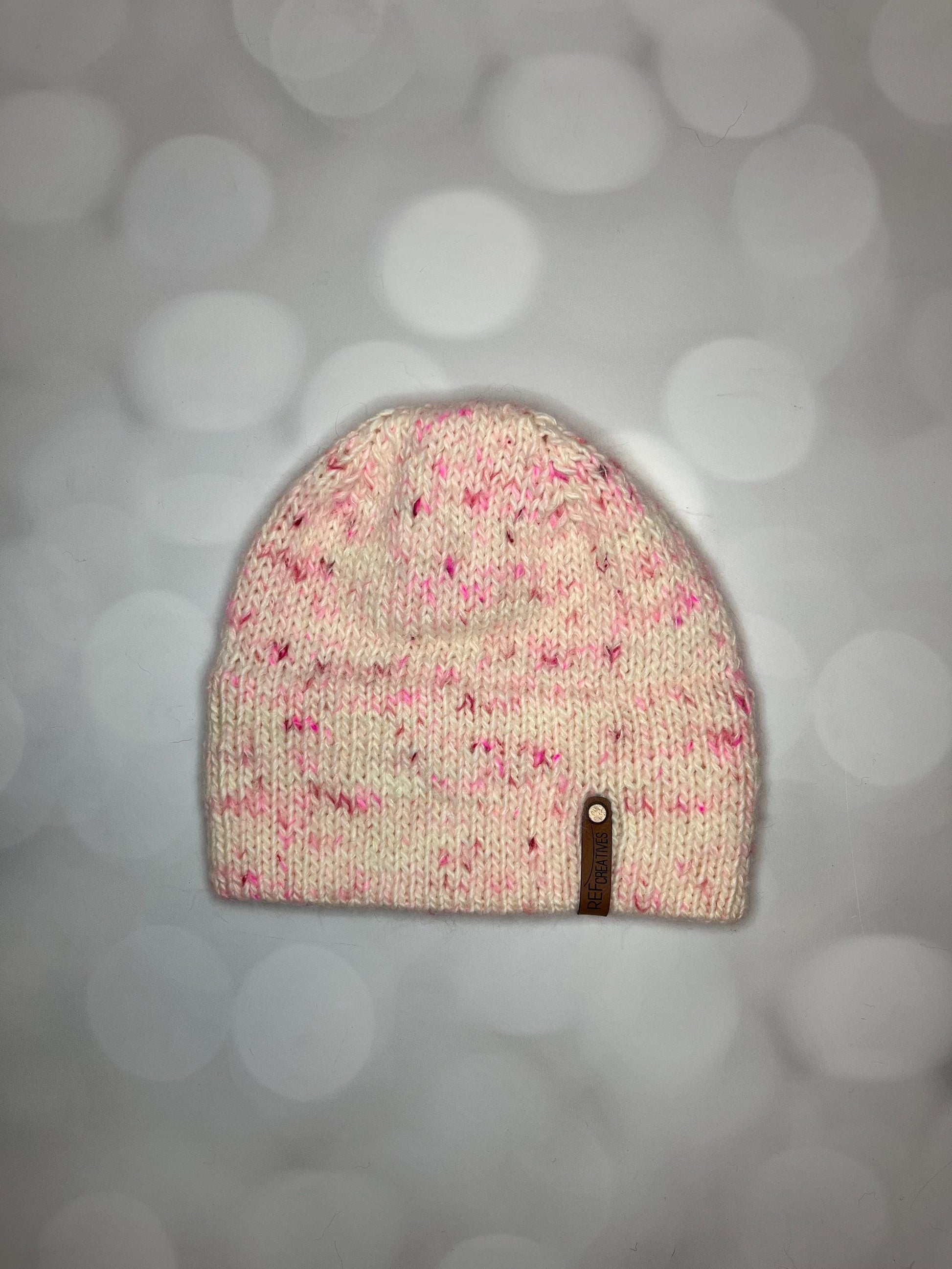 Luxury White and Pink Double Brim Merino Wool Beanie - Fuzzy Pink Speckled Hand Knit Hat with Hand Dyed Yarn