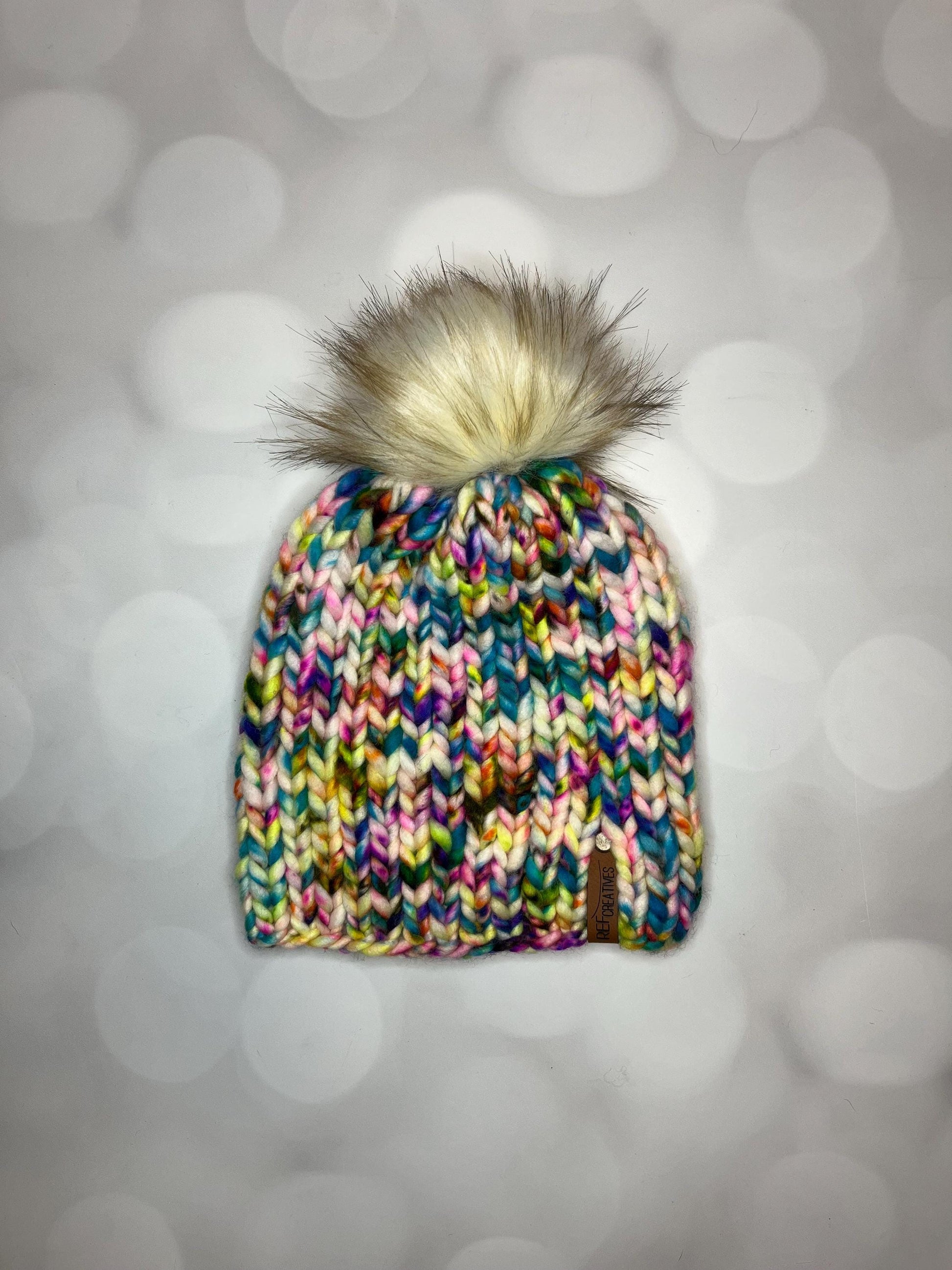 Luxury Rainbow Speckle Merino Wool Ribbed Knit Hat - White Teal Pink Yellow Classic Beanie Hand Knit Hat with Hand Dyed Yarn