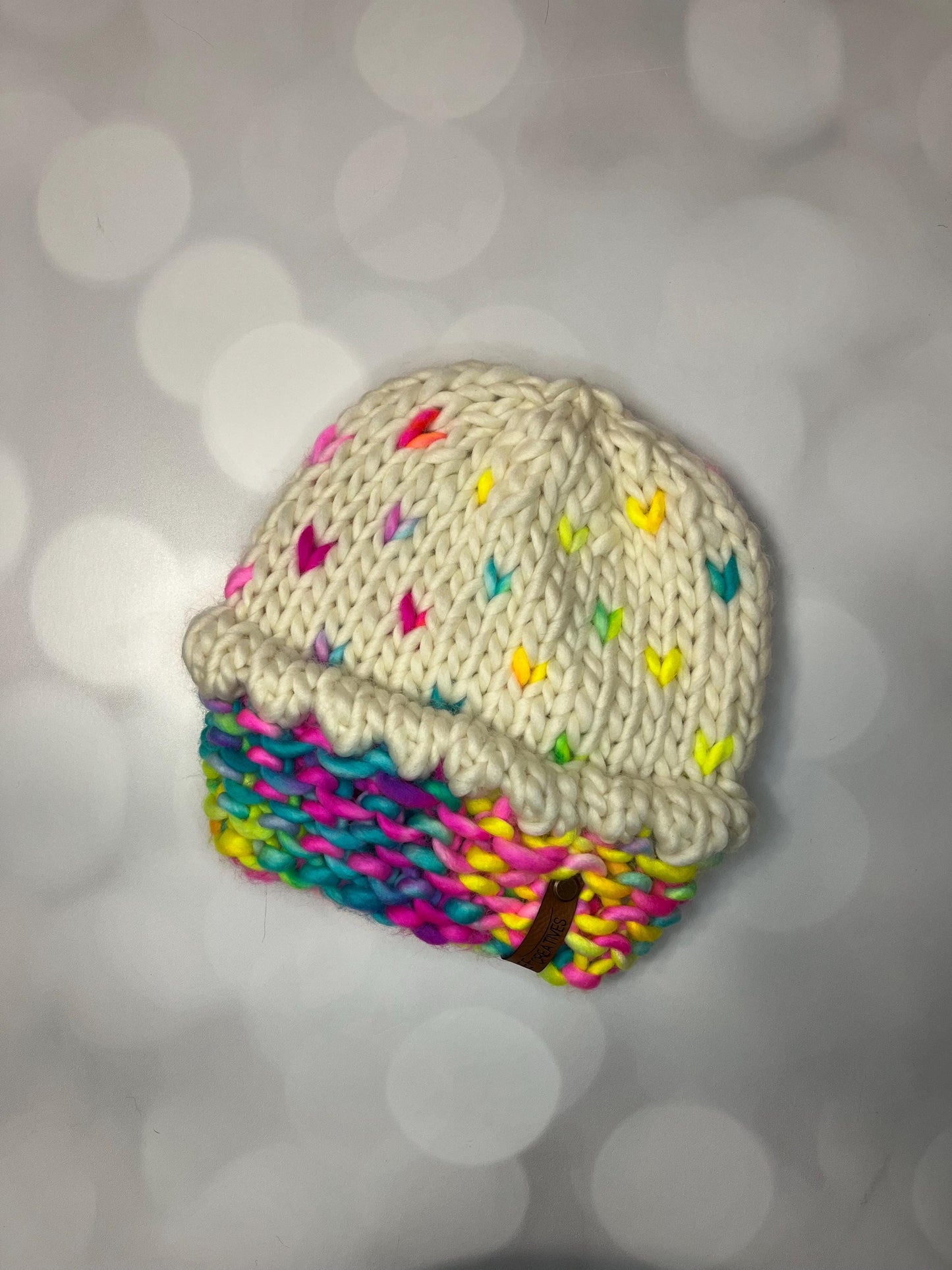 Luxury Rainbow Cupcake Merino Wool Beanie - Neon Hand Knit Hat with Hand Dyed Yarn