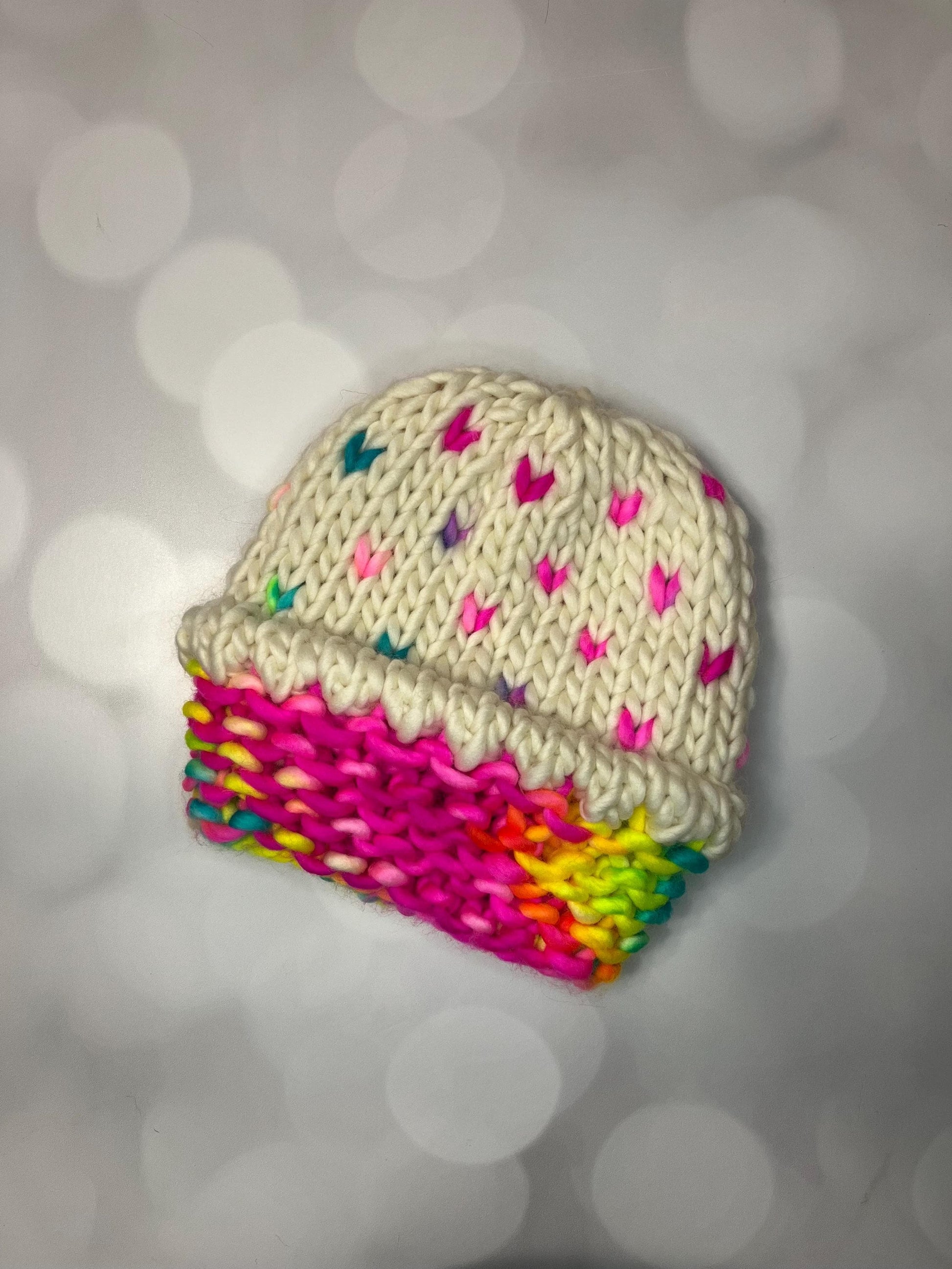 Luxury Rainbow Cupcake Merino Wool Beanie - Neon Hand Knit Hat with Hand Dyed Yarn