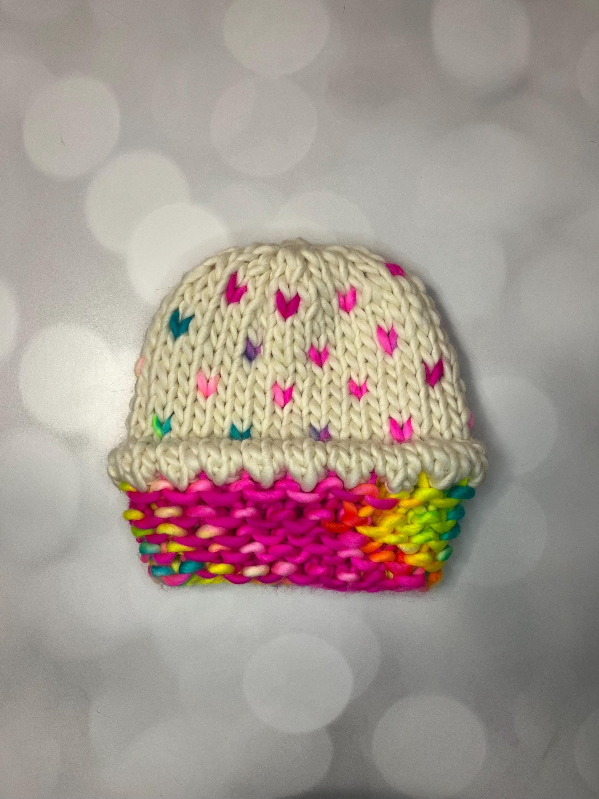 Luxury Rainbow Cupcake Merino Wool Beanie - Neon Hand Knit Hat with Hand Dyed Yarn