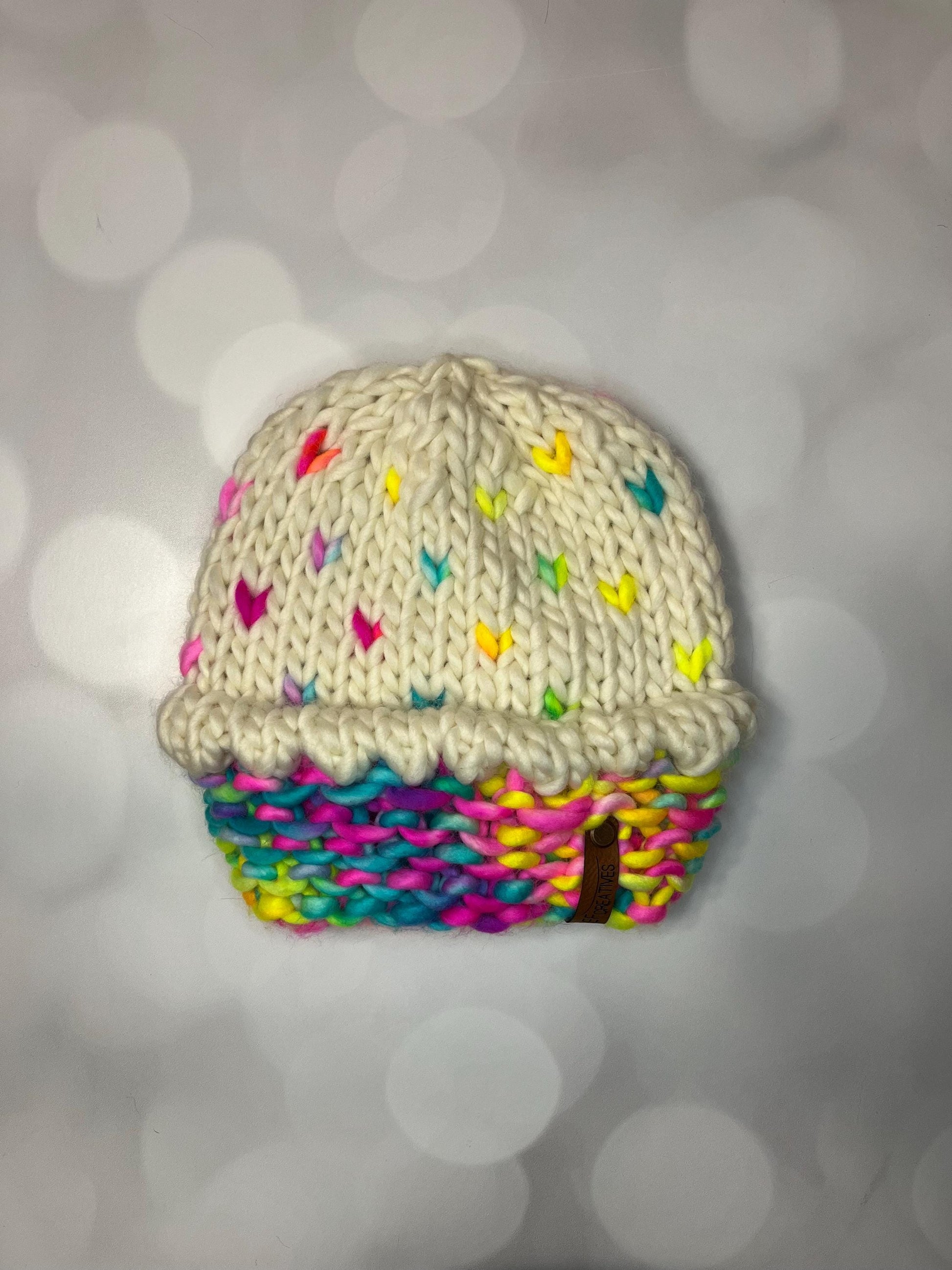 Luxury Rainbow Cupcake Merino Wool Beanie - Neon Hand Knit Hat with Hand Dyed Yarn