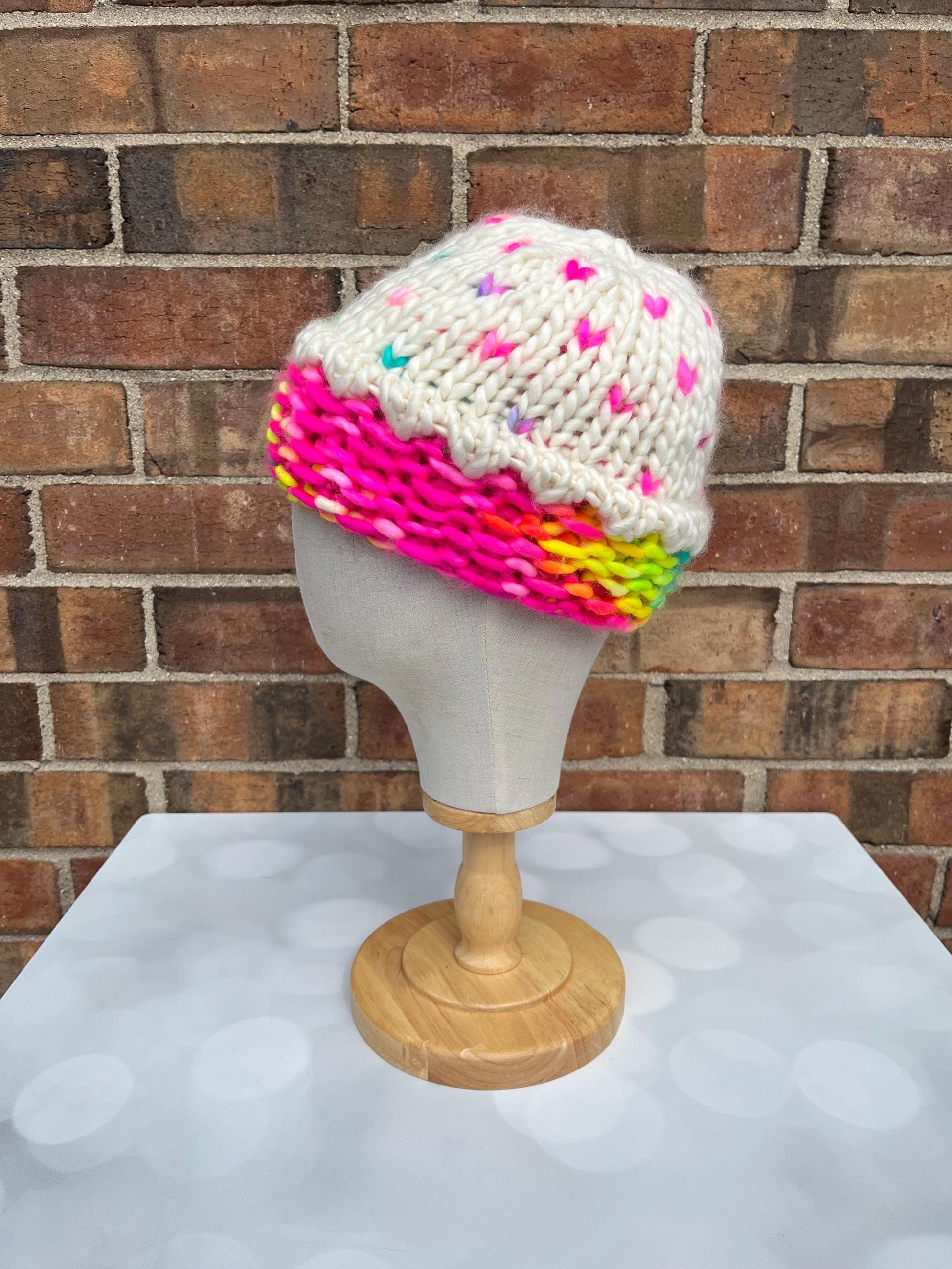 Luxury Rainbow Cupcake Merino Wool Beanie - Neon Hand Knit Hat with Hand Dyed Yarn