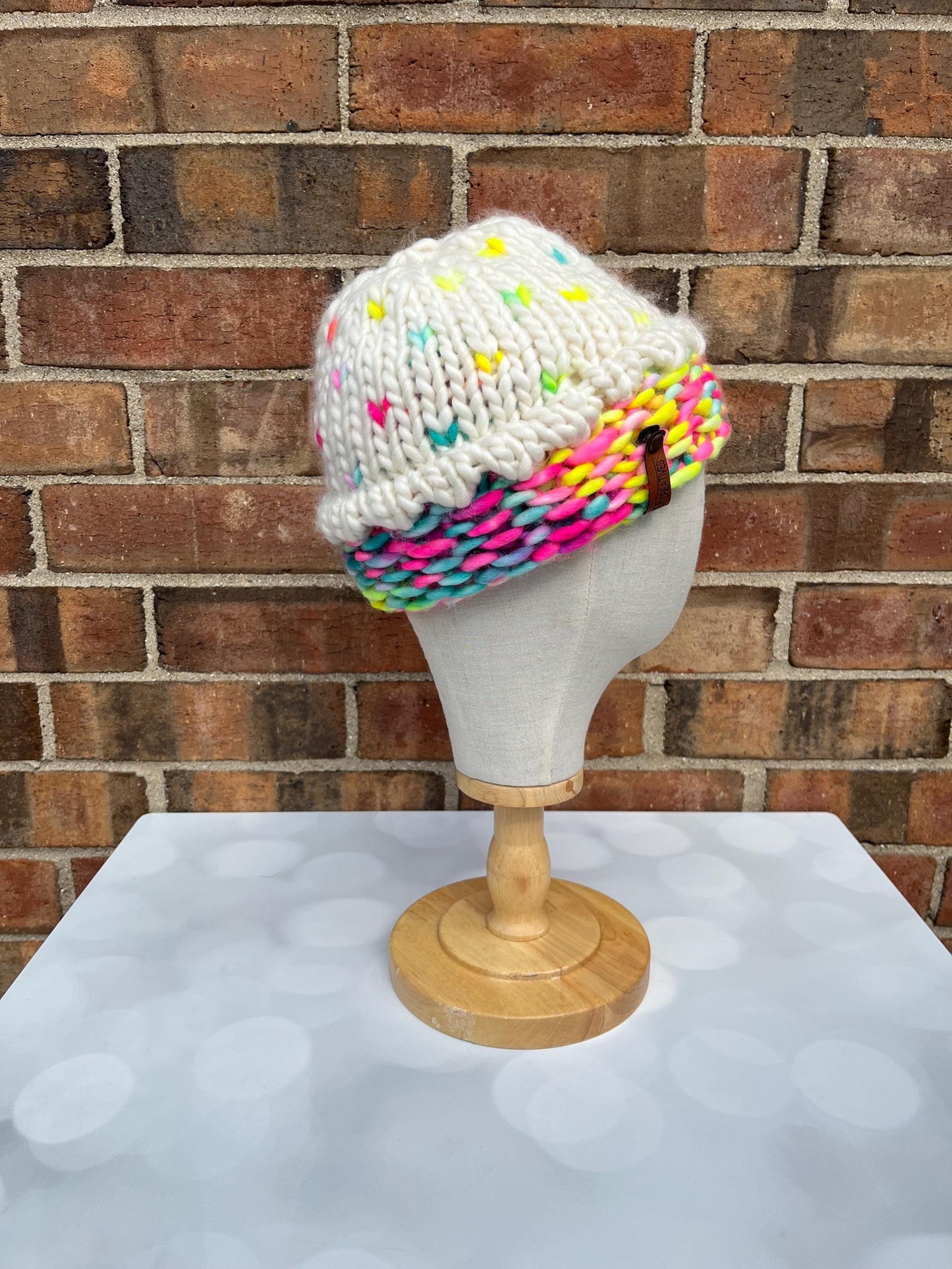 Luxury Rainbow Cupcake Merino Wool Beanie - Neon Hand Knit Hat with Hand Dyed Yarn