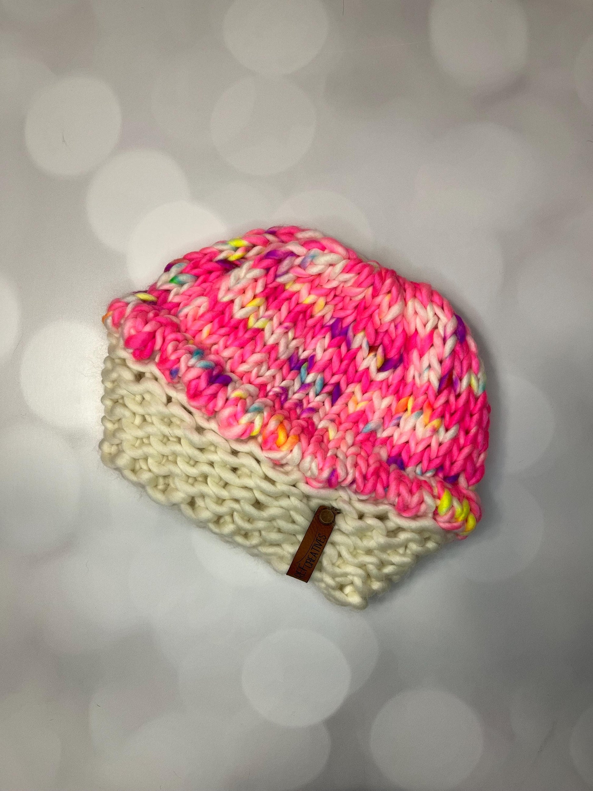 Luxury Pink Cupcake Merino Wool Beanie - Neon Hand Knit Hat with Hand Dyed Yarn