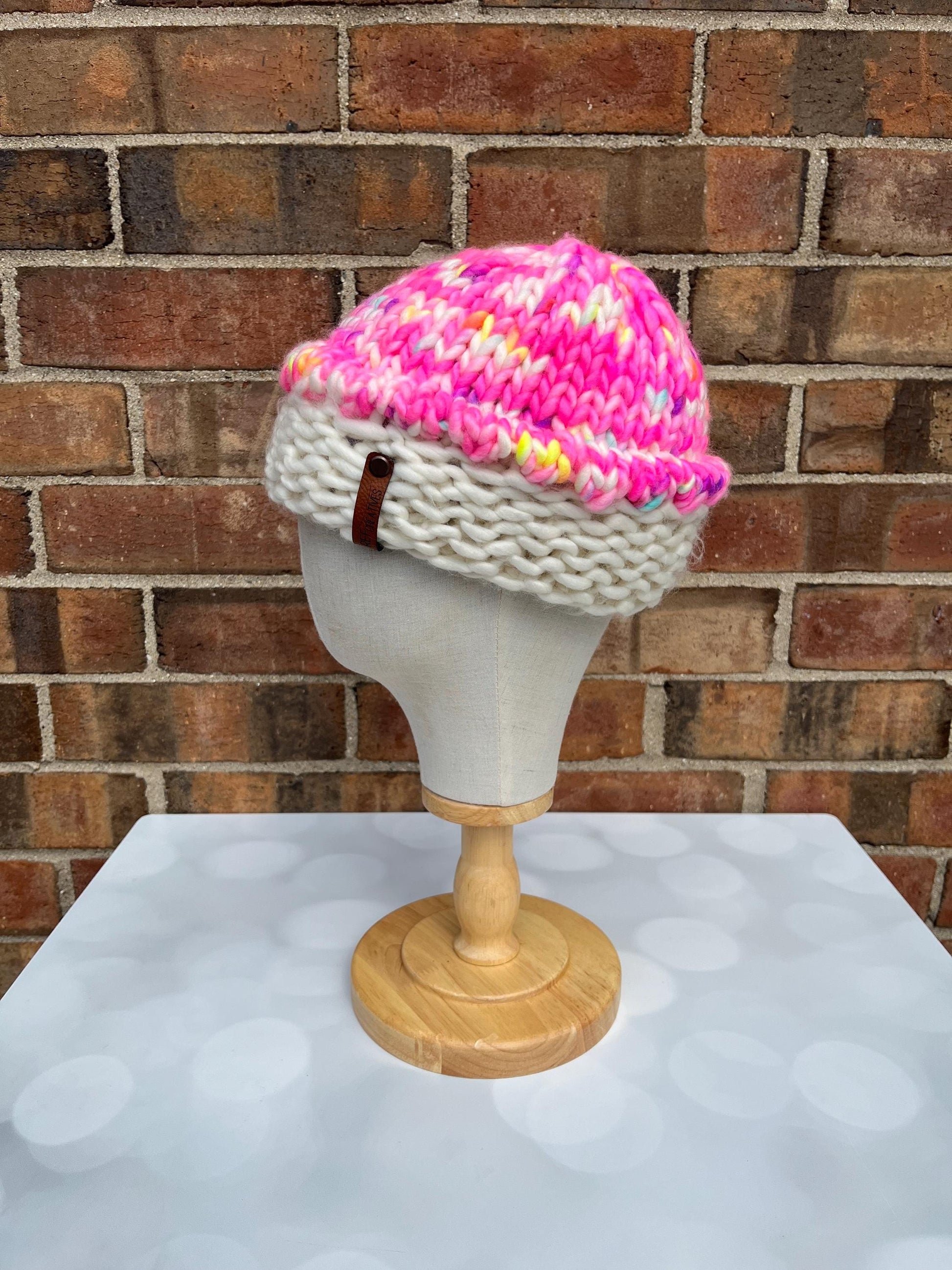 Luxury Pink Cupcake Merino Wool Beanie - Neon Hand Knit Hat with Hand Dyed Yarn