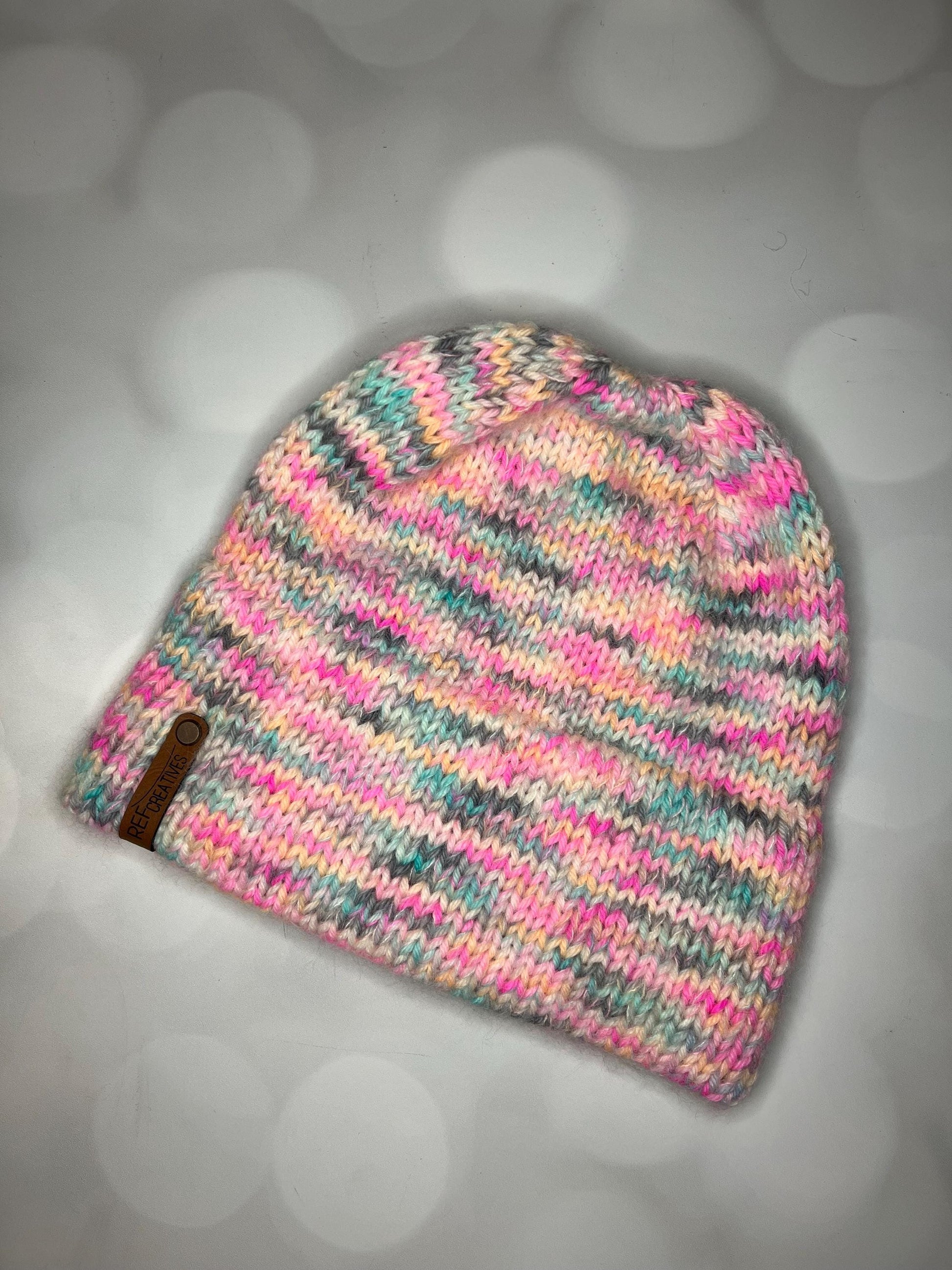 Luxury Pastel Brim Merino Wool Beanie - Fuzzy Pastel Beachy Colors Hand Knit Hat with Hand Dyed Yarn