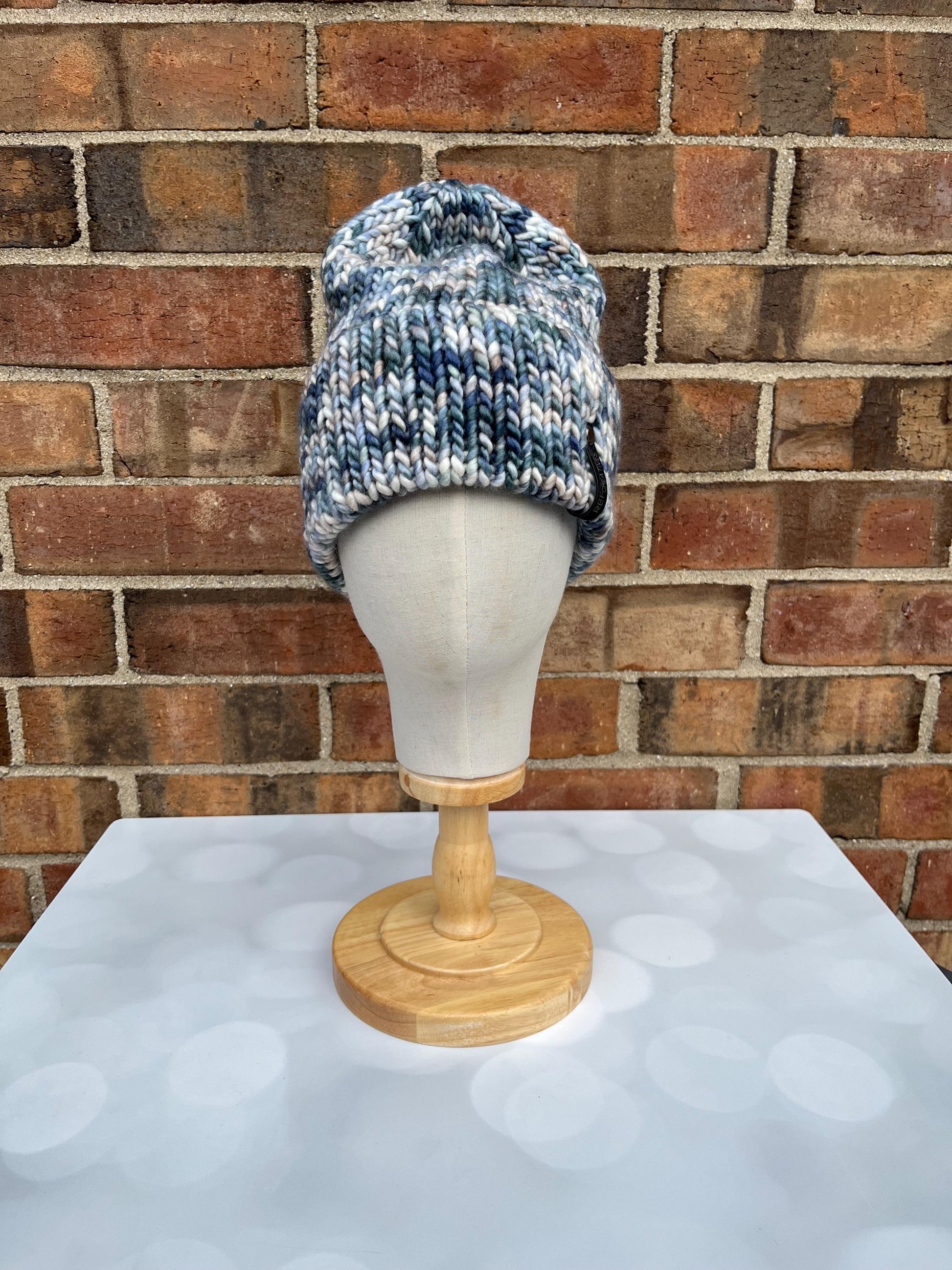 Luxury Muted Blue Green Grey Double Brim Merino Wool Beanie - Stormy Ocean Hand Knit Hat with Hand Dyed Yarn