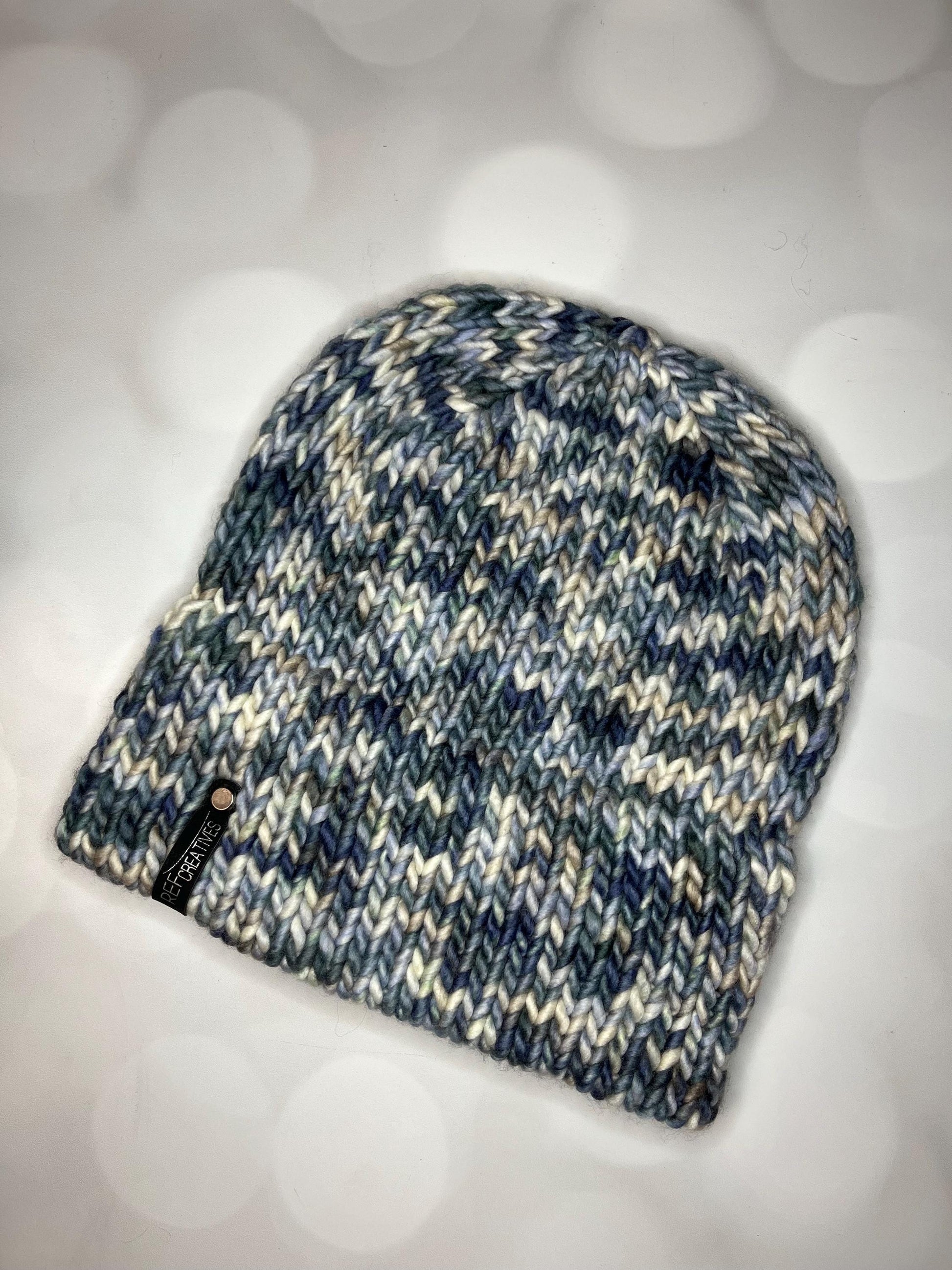 Luxury Muted Blue Green Grey Double Brim Merino Wool Beanie - Stormy Ocean Hand Knit Hat with Hand Dyed Yarn