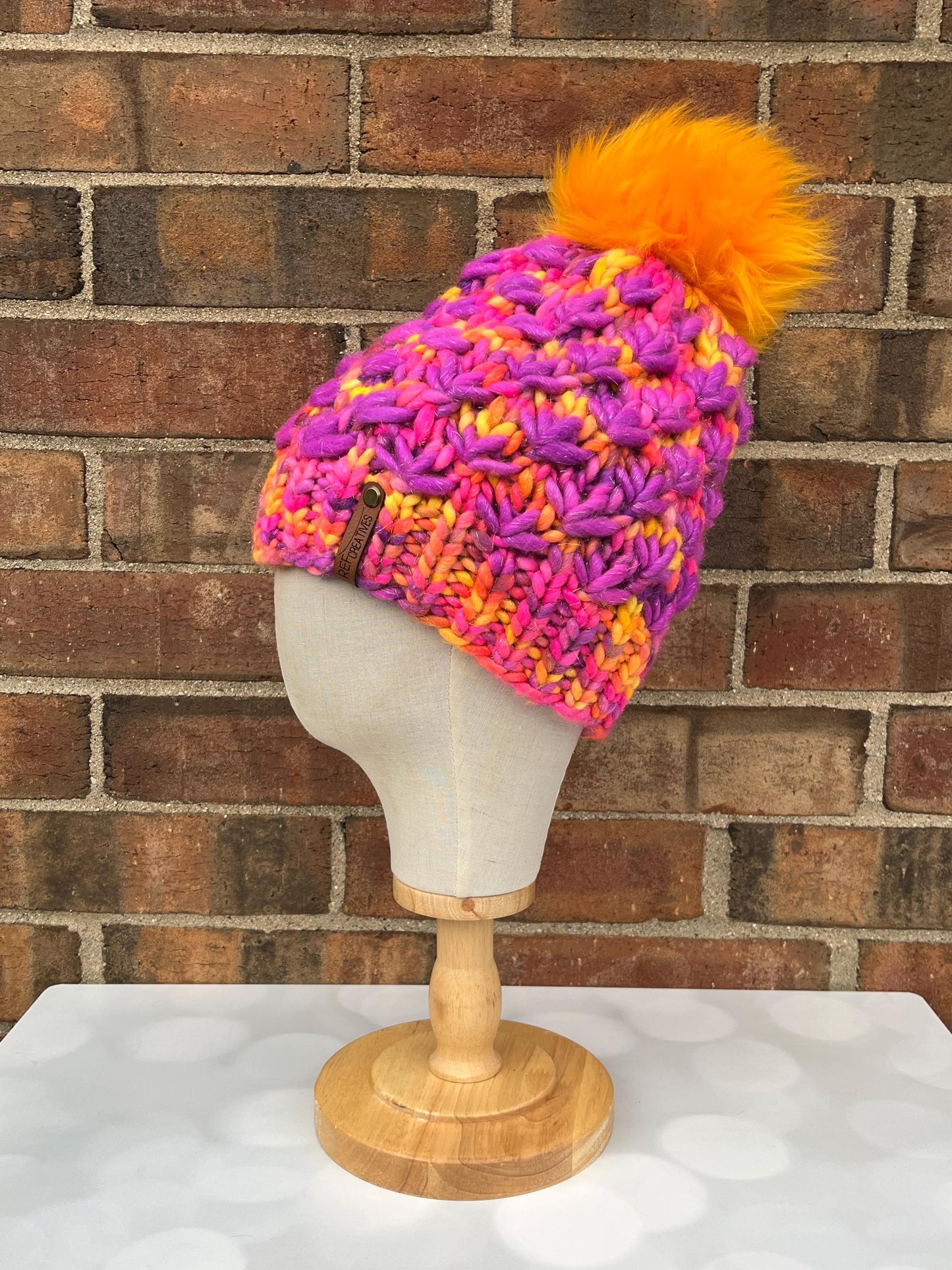 Luxury Purple Orange Sparkle Merino Wool Knit Hat - Neon Sunset Glitter Lotus Flower Beanie Hand Knit Hat with Hand Dyed Yarn