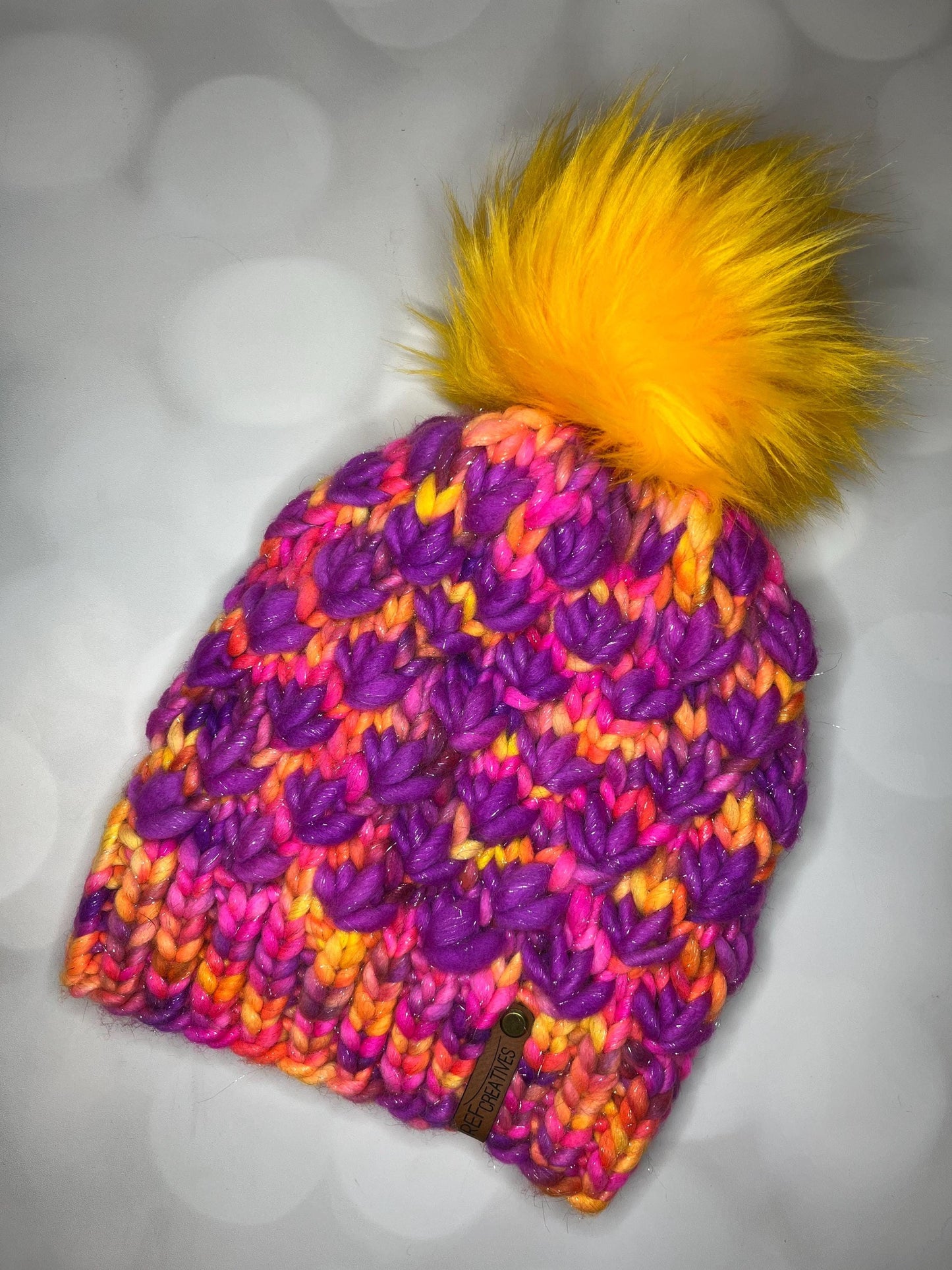 Luxury Purple Orange Sparkle Merino Wool Knit Hat - Neon Sunset Glitter Lotus Flower Beanie Hand Knit Hat with Hand Dyed Yarn