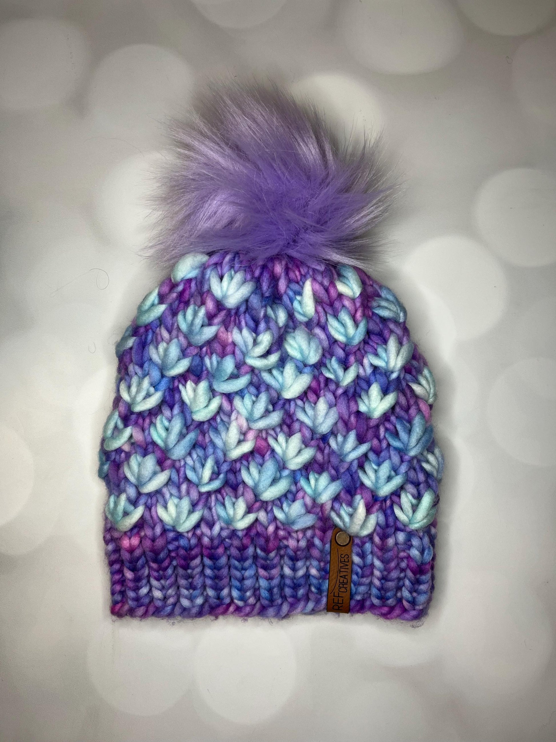 Luxury Purple Blue Merino Wool Knit Hat - Aquarius and Diamond Lotus Flower Beanie Hand Knit Hat with Hand Dyed Yarn