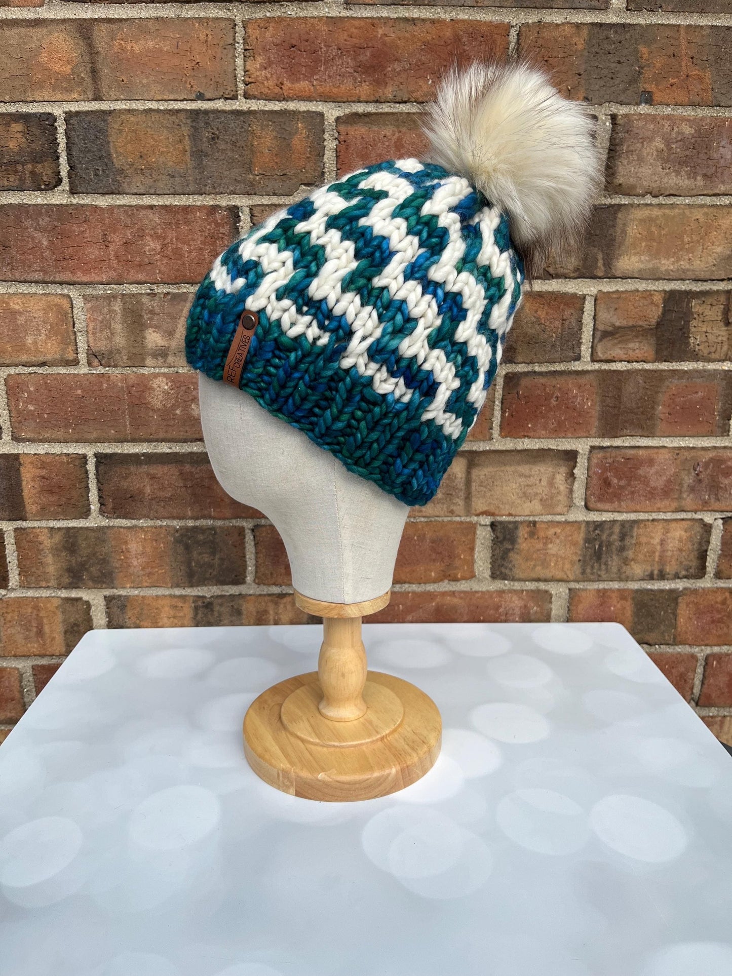 Luxury Teal and White Merino Wool Knit Hat - Escalera Beanie Hand Knit Hat with Hand Dyed Yarn