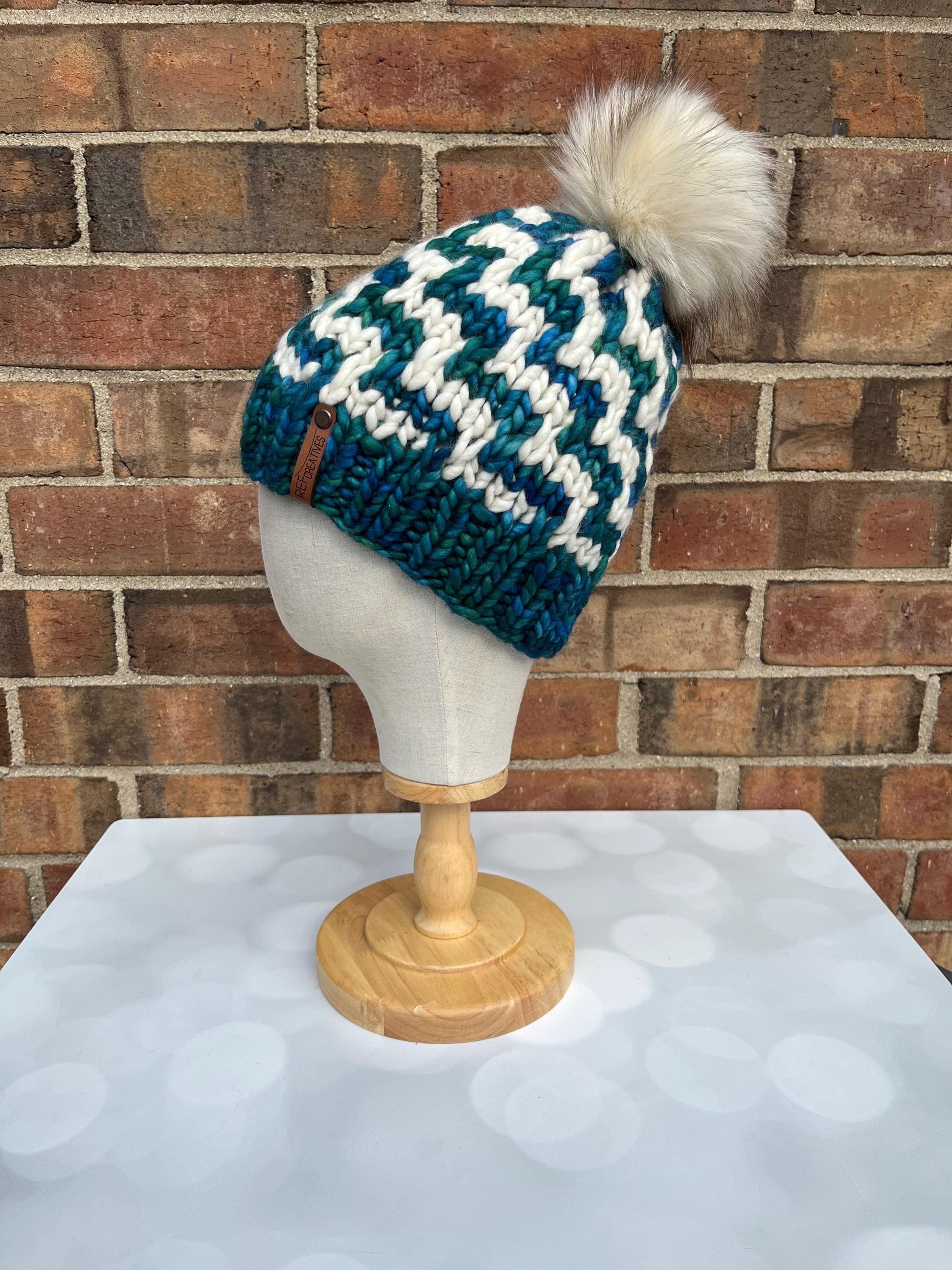 Luxury Teal and White Merino Wool Knit Hat - Escalera Beanie Hand Knit Hat with Hand Dyed Yarn