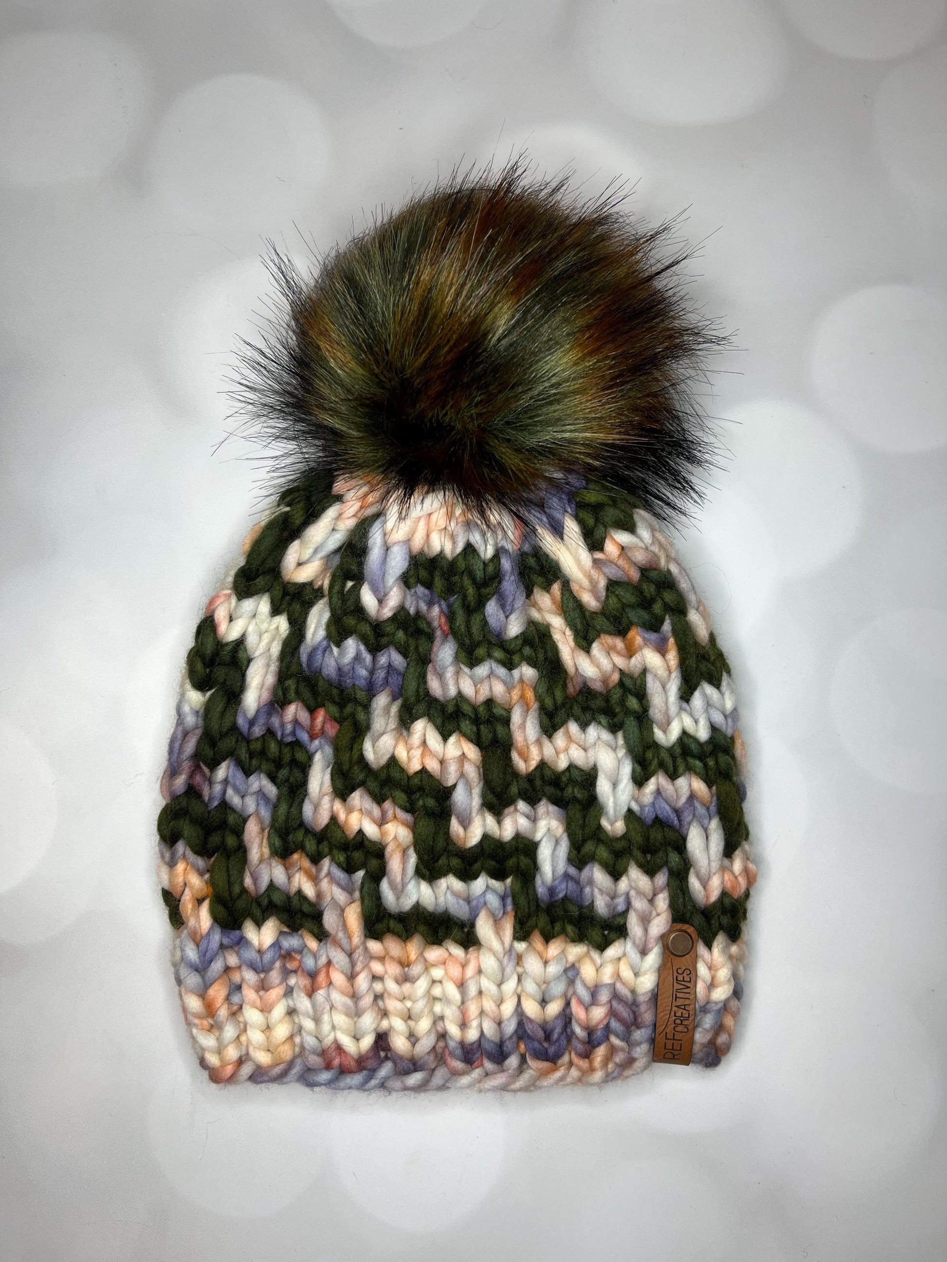 Luxury Olive Salmon Grey Merino Wool Knit Hat - Escalera Beanie Hand Knit Hat with Hand Dyed Yarn