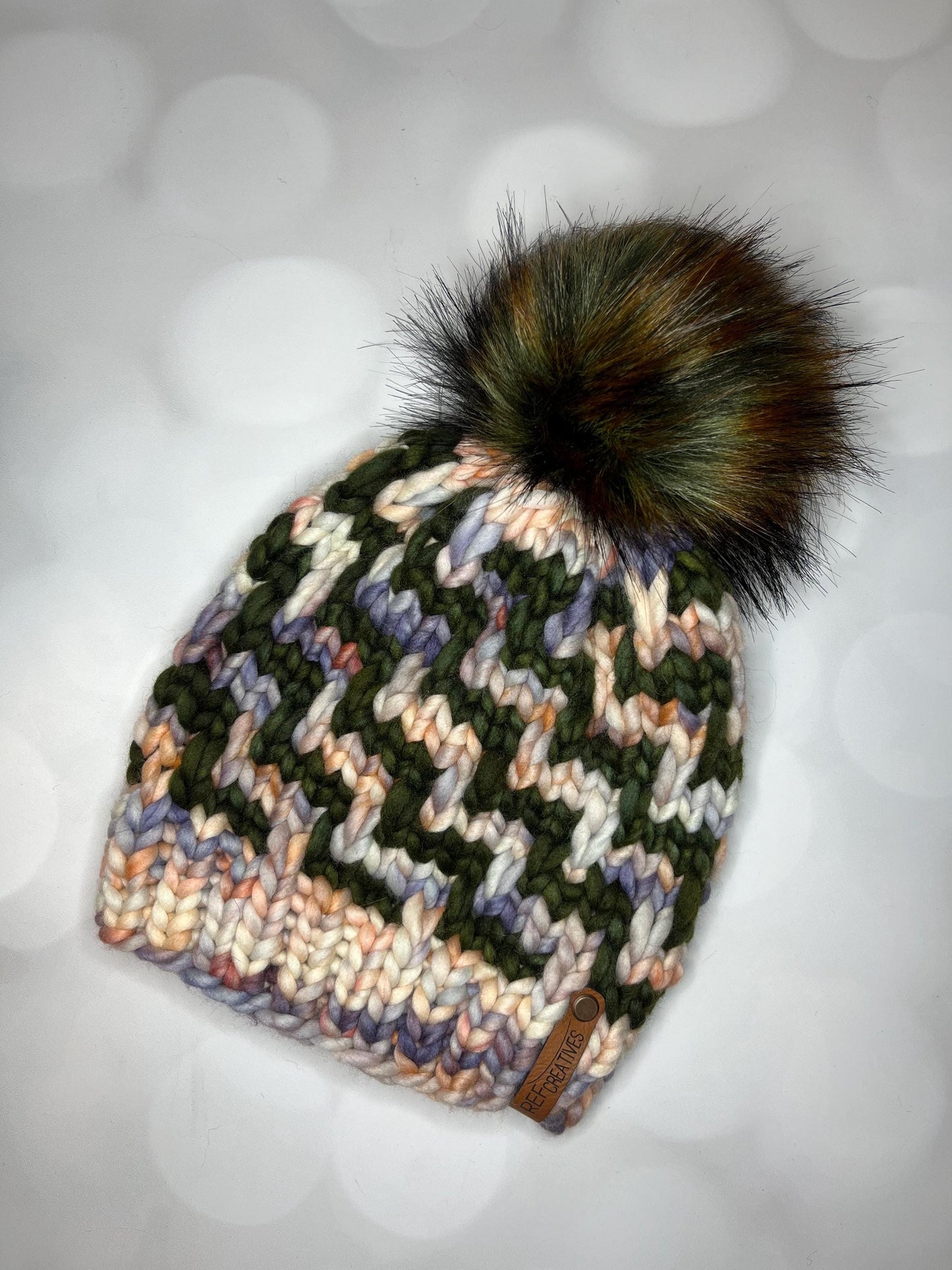 Luxury Olive Salmon Grey Merino Wool Knit Hat - Escalera Beanie Hand Knit Hat with Hand Dyed Yarn