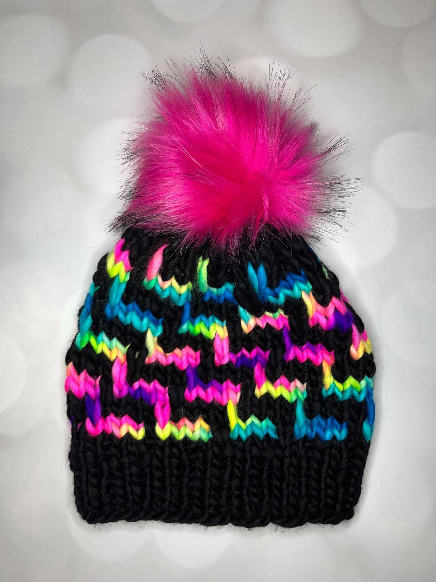 Luxury Black and Rainbow Merino Wool Knit Hat - Escalera Beanie Hand Knit Hat with Hand Dyed Yarn