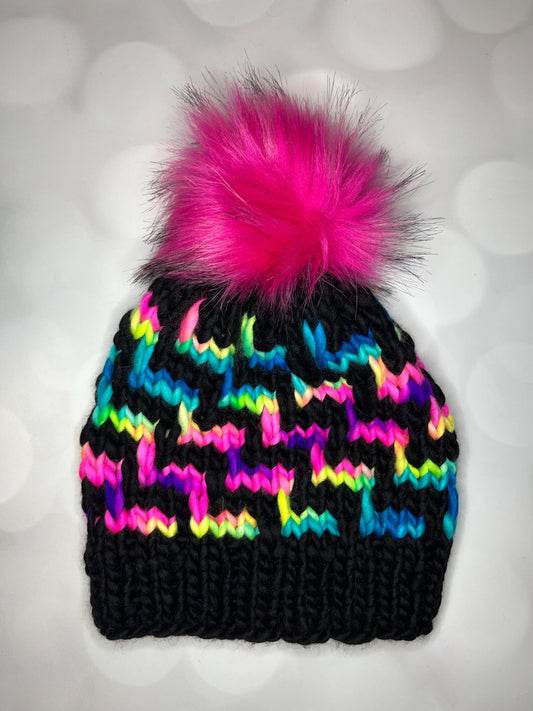 Luxury Black and Rainbow Merino Wool Knit Hat - Escalera Beanie Hand Knit Hat with Hand Dyed Yarn