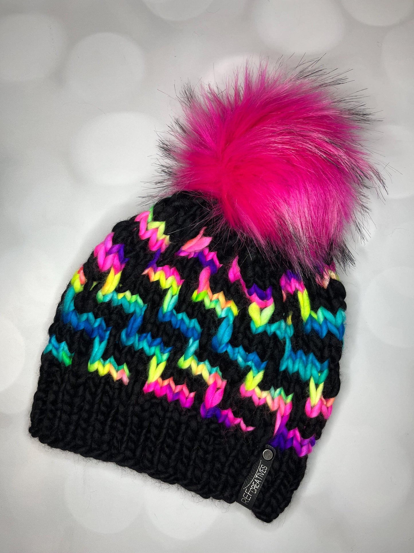 Luxury Black and Rainbow Merino Wool Knit Hat - Escalera Beanie Hand Knit Hat with Hand Dyed Yarn