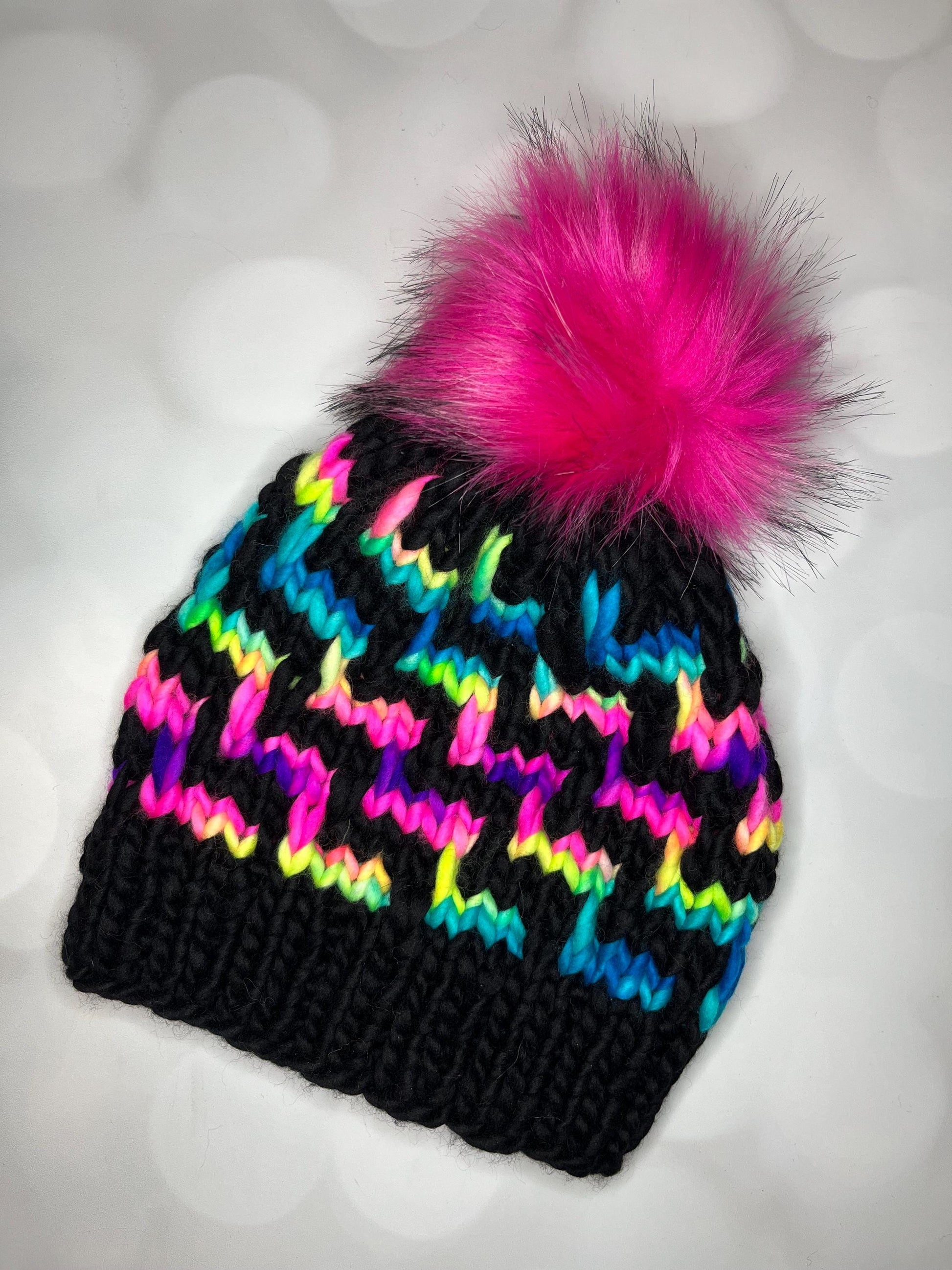 Luxury Black and Rainbow Merino Wool Knit Hat - Escalera Beanie Hand Knit Hat with Hand Dyed Yarn