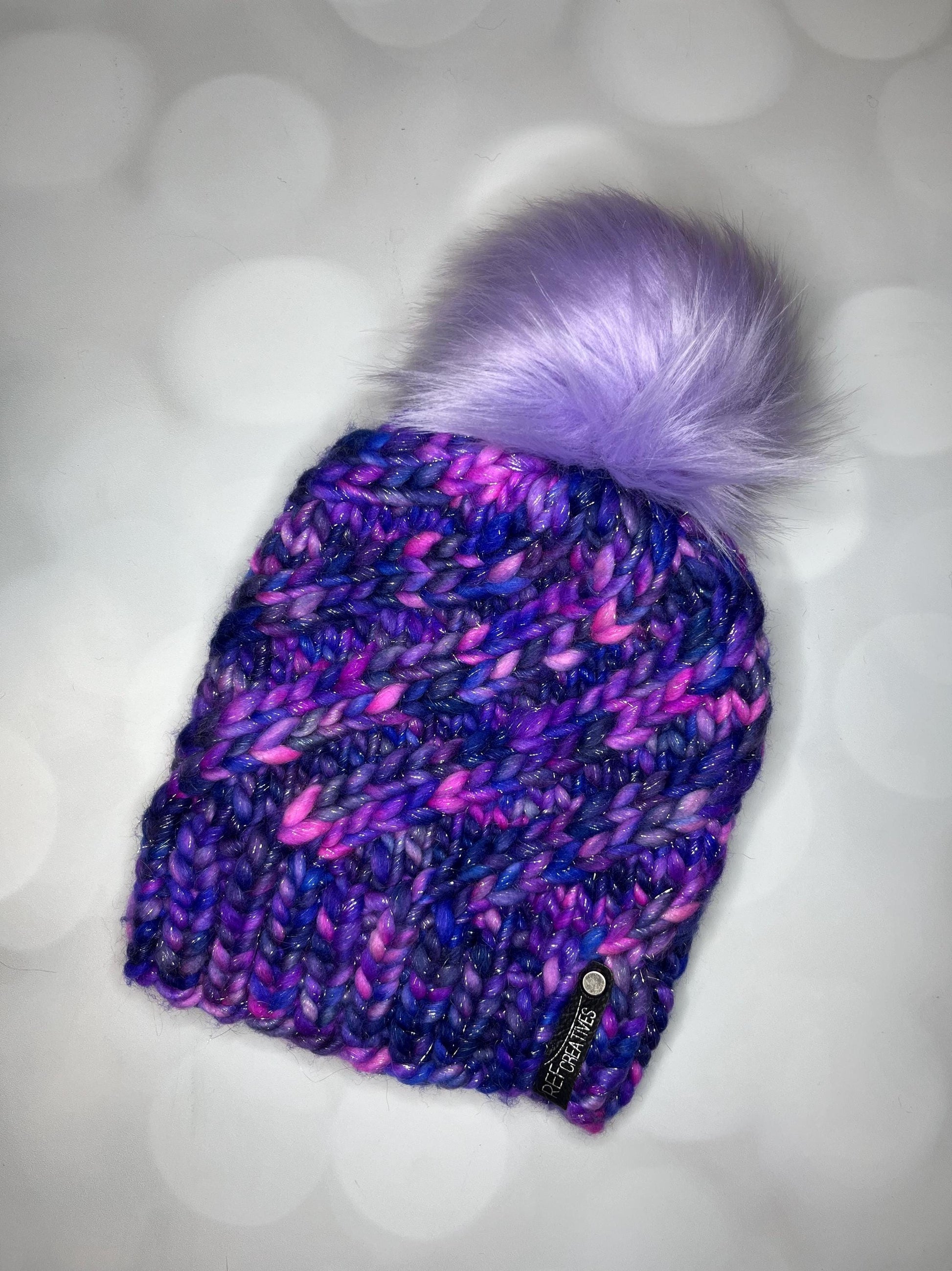 Luxury Celestial Sparkles Merino Wool Knit Hat - Purple Glitter Swirls Hand Knit Hat with Hand Dyed Yarn
